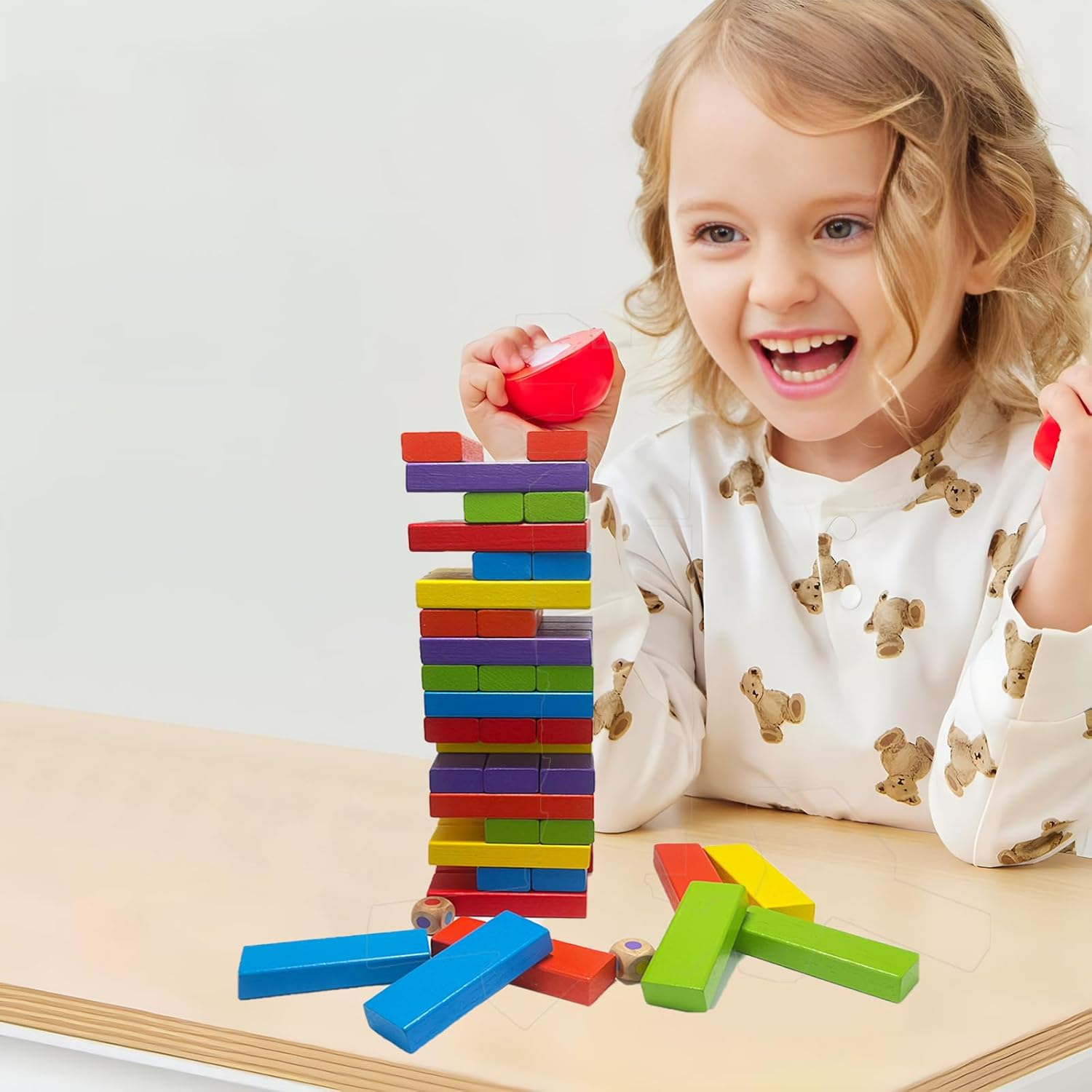 Cawtiuly 54Pcs Wooden Blocks Stacking Tumbling Tower Game, Colorful Tower Building Blocks for Kids Adults Family, Classic Block Stacking Board Games for Indoor Outdoor Party Night Toy Games (Colorful) image number 6