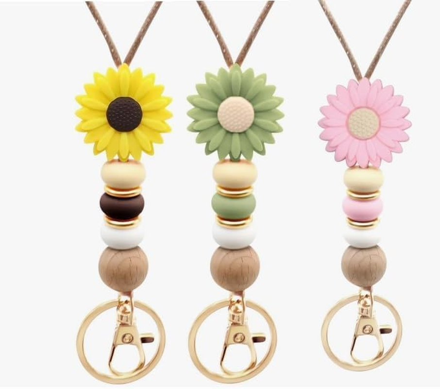 3 Pack Flower Teacher Lanyards ID Badge and Key Chain, Cute Silicone Beads Lanyard for Women Nurse Work Student image number 5