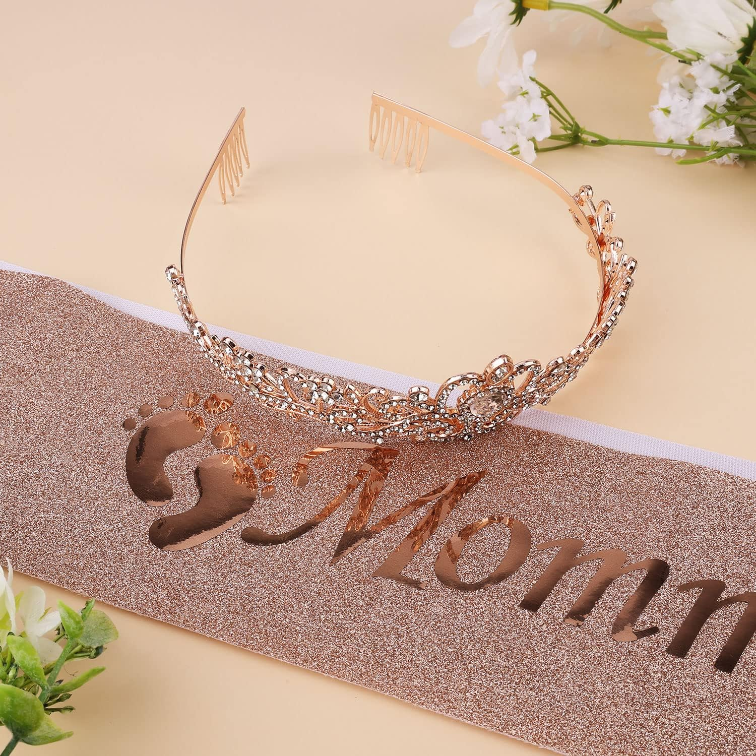 SAVITA Mom to Be Baby Shower Decorations - Mommy Sash and Tiara Set with Crown for Pregnant Mom (Rose Gold) image number 5