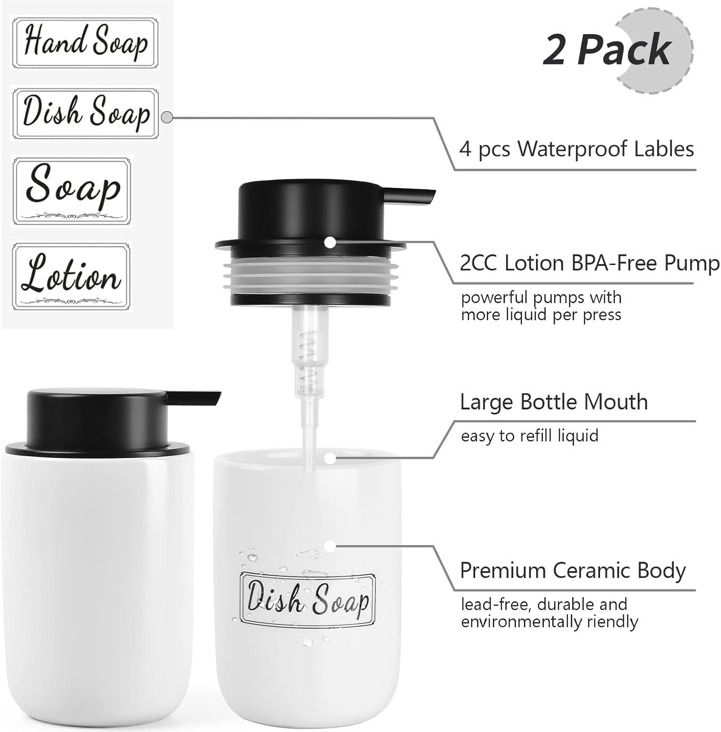 Bosilunlife White Soap Dispenser Set - 2 Pack 12Oz Ceramic Dish Soap Dispenser with Rust Proof Pump for Kitchen, Hand Soap and Lotion Set Suitable for Farmhouse Bathroom Decor with Waterproof Labels image number 7