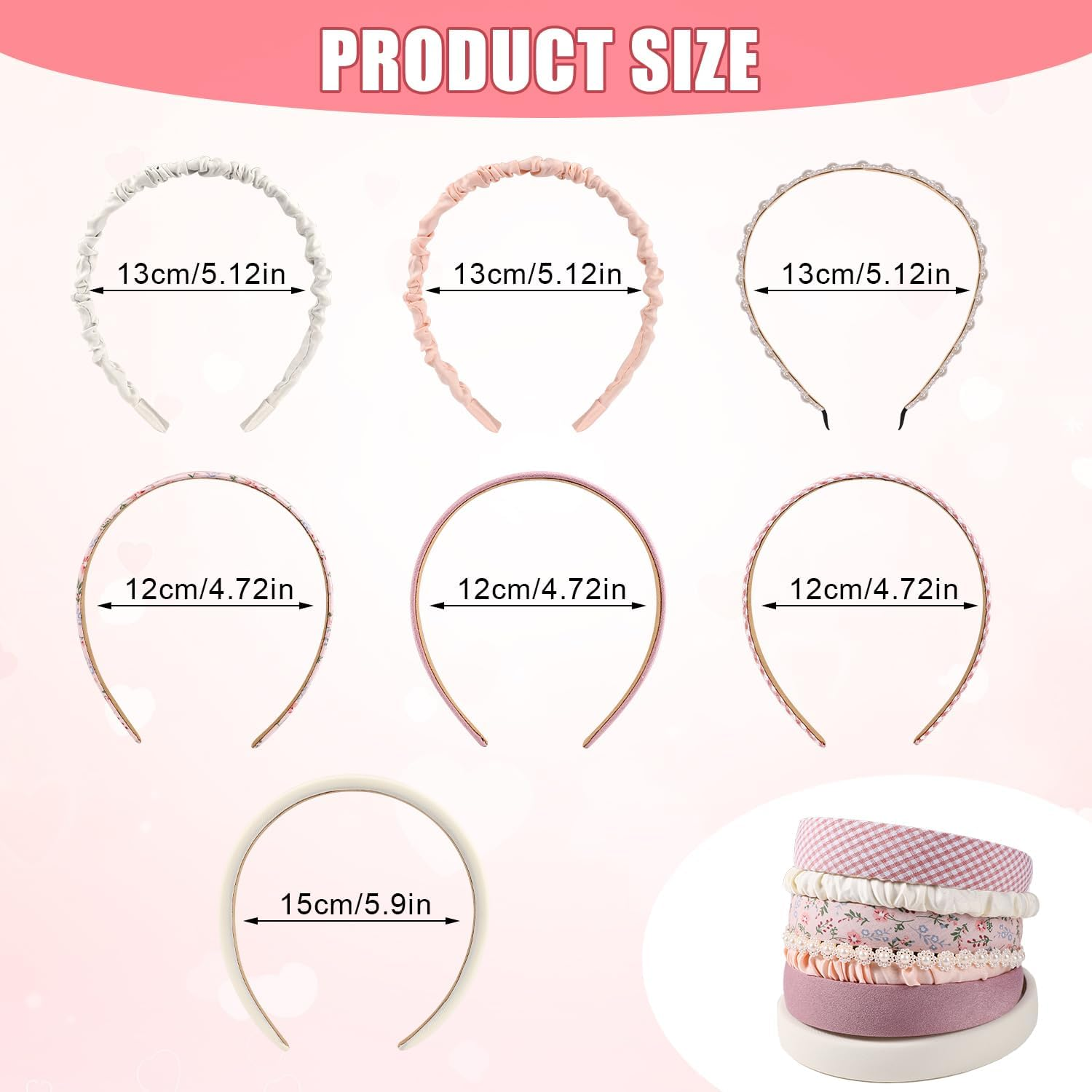 NQEUEPN 7Pcs Cute Headbands Set for Women Girls, Anti-Slip Flower & Padded Headband Stylish Pearl Head Band Vintage Pink White Twisted Plaid Headband Hair Accessories image number 5