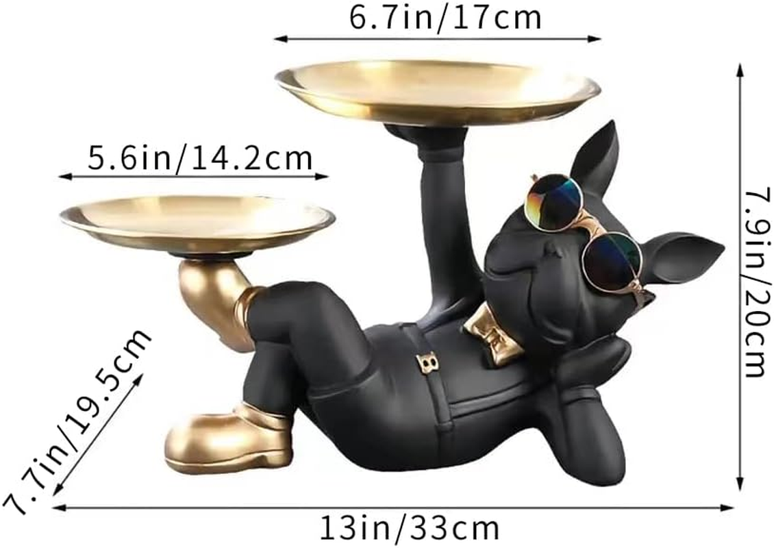 BAOJULONG Cool Resin Dog Statue Black 2 Metal Trays with Cute Glasses French Bulldog Figurine Sculptures Home Decor Gift image number 2