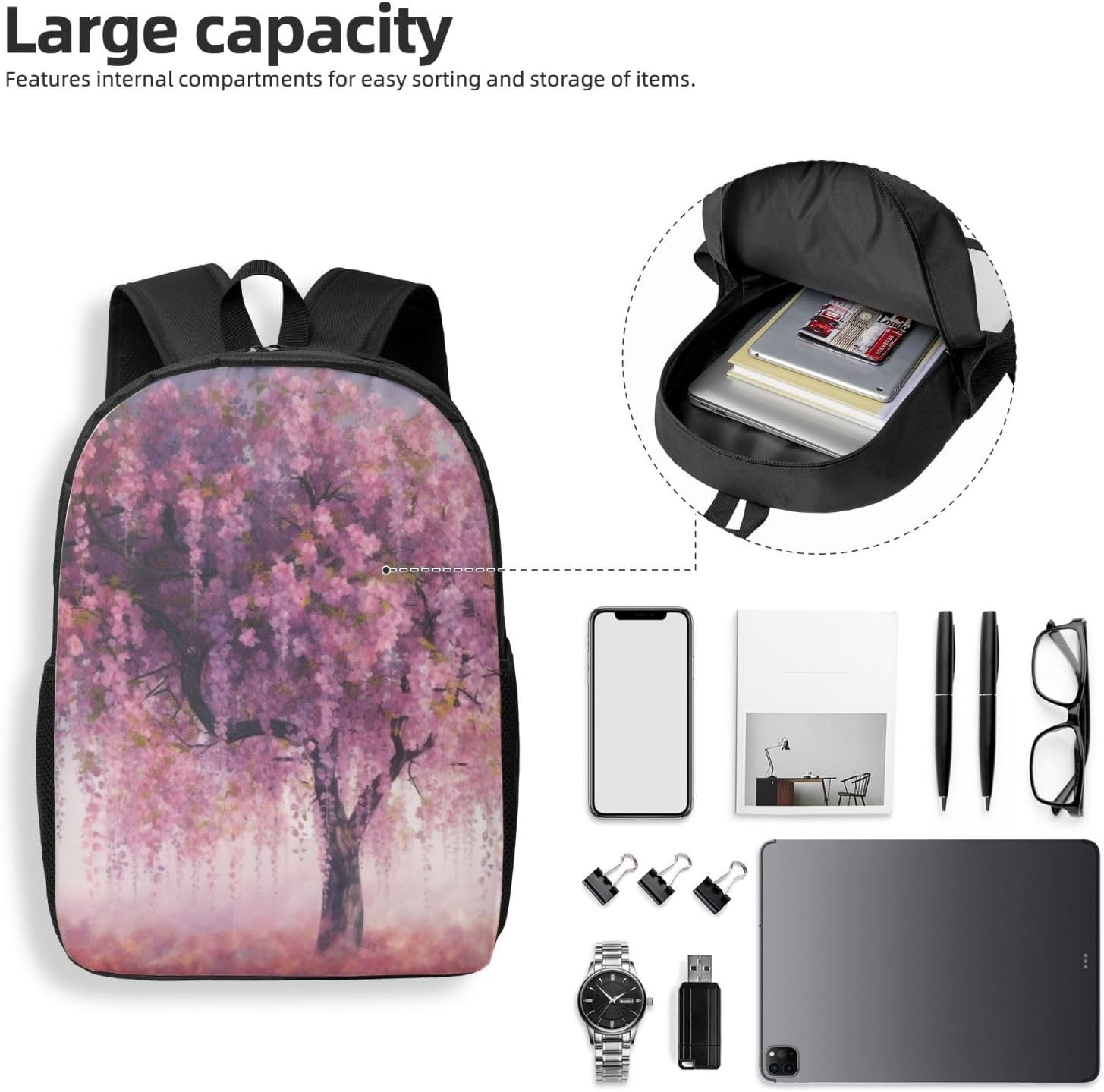Dwrepo Floral Tree Laptop Backpack for Women Large Computer Bag for Men Computer Backpack 17 Inch Fashion Travel Daypack, Black, One Size image number 4