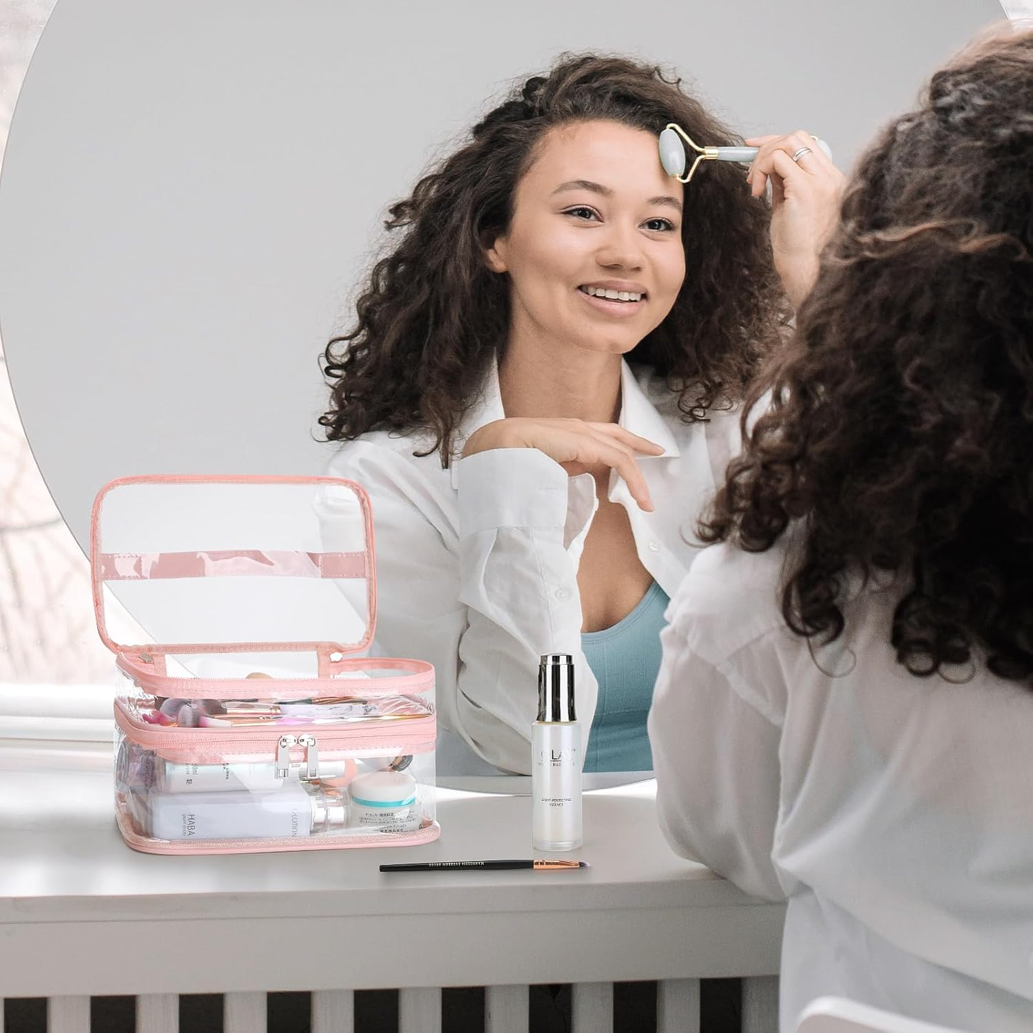 HAOGUAGUA Double Layer Clear Cosmetic Bag Makeup Bag, Waterproof Travel Toiletry Bag, Transparent PVC Pouch Organizer, Pink Large, Double Layer Clear Cosmetic Bag - Black-Large image number 5