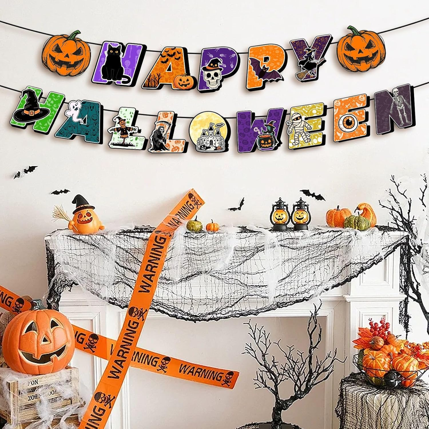 Halloween Party Decoration Banner Set, Glitter Pumpkin Garland and Happy Halloween Letter Banner, Indoor Wall Decor (Colorful One) image number 1