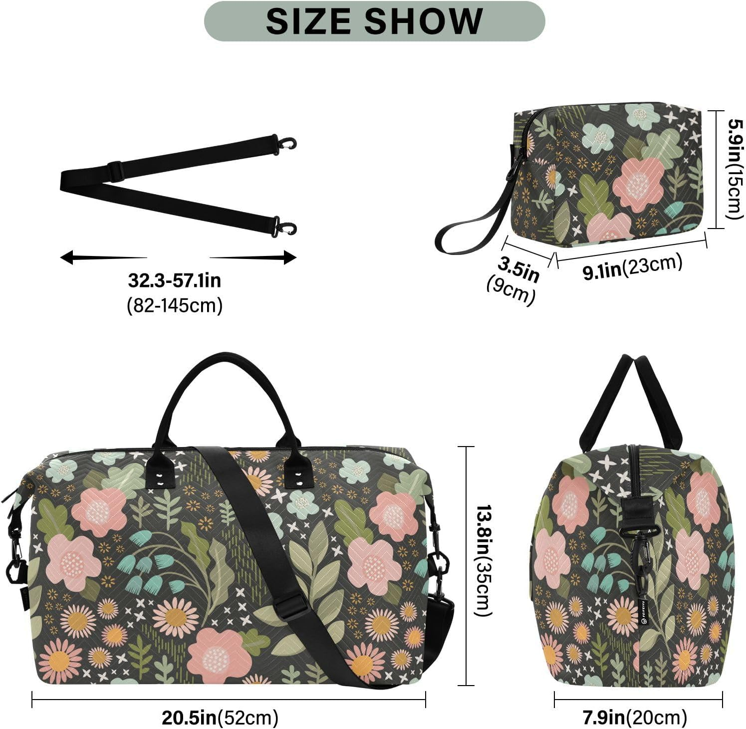 Duffel Bags Carry on Shoulder Weekend Tote Delicate Floral Adventure Gym Sports Carry with Adjustable Strap For, Delicate Floral Adventure, Set of 2, Art Deco image number 1