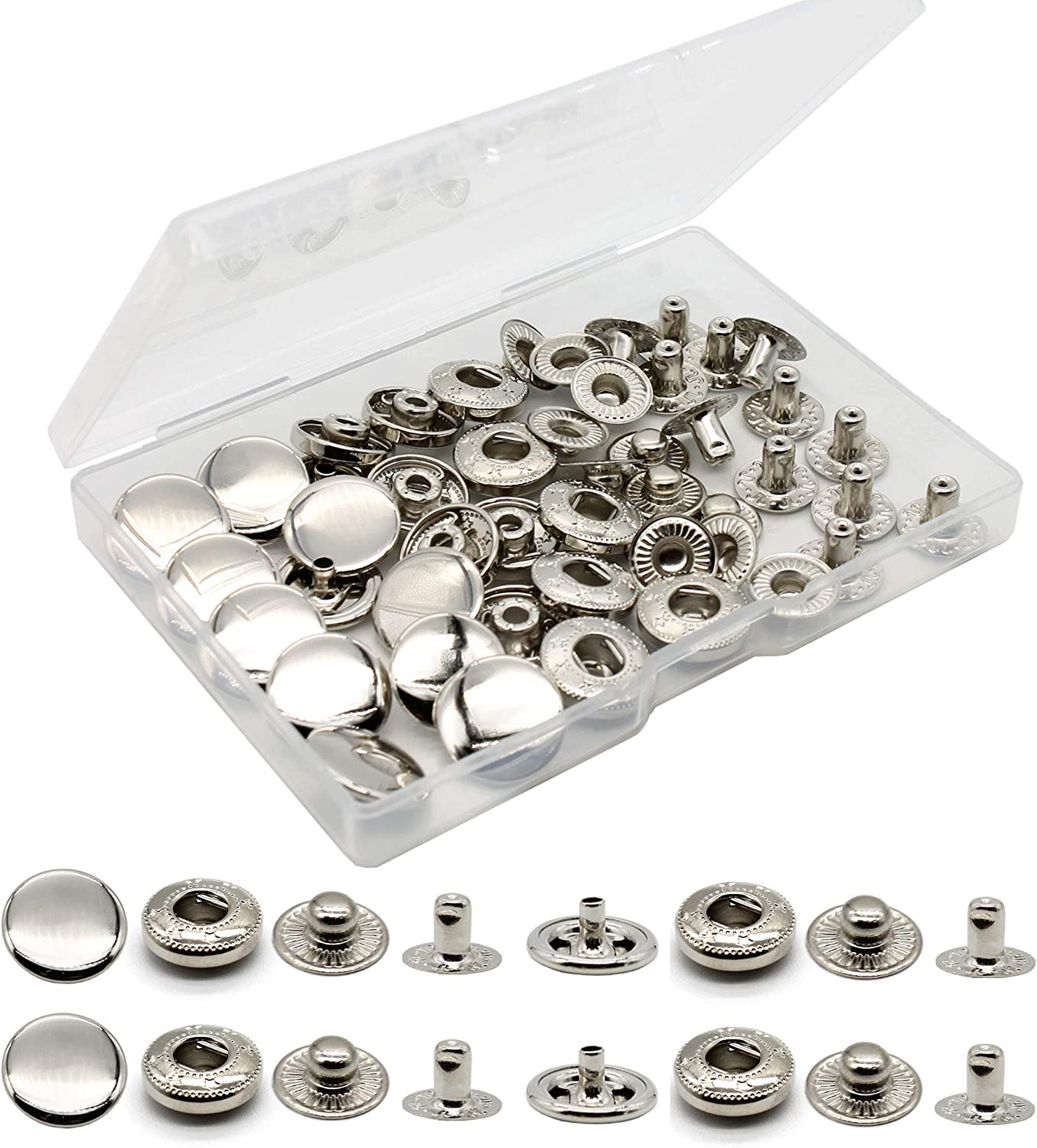 12 Sets Heavy Duty Leather Snap Fasteners Kit, 15Mm Metal Snap Buttons Kit Press Studs with 4 Install Tools, Leather Rivets and Snaps for Clothing, Leather, Jeans, Jackets, Bracelets, Bags (Silver)