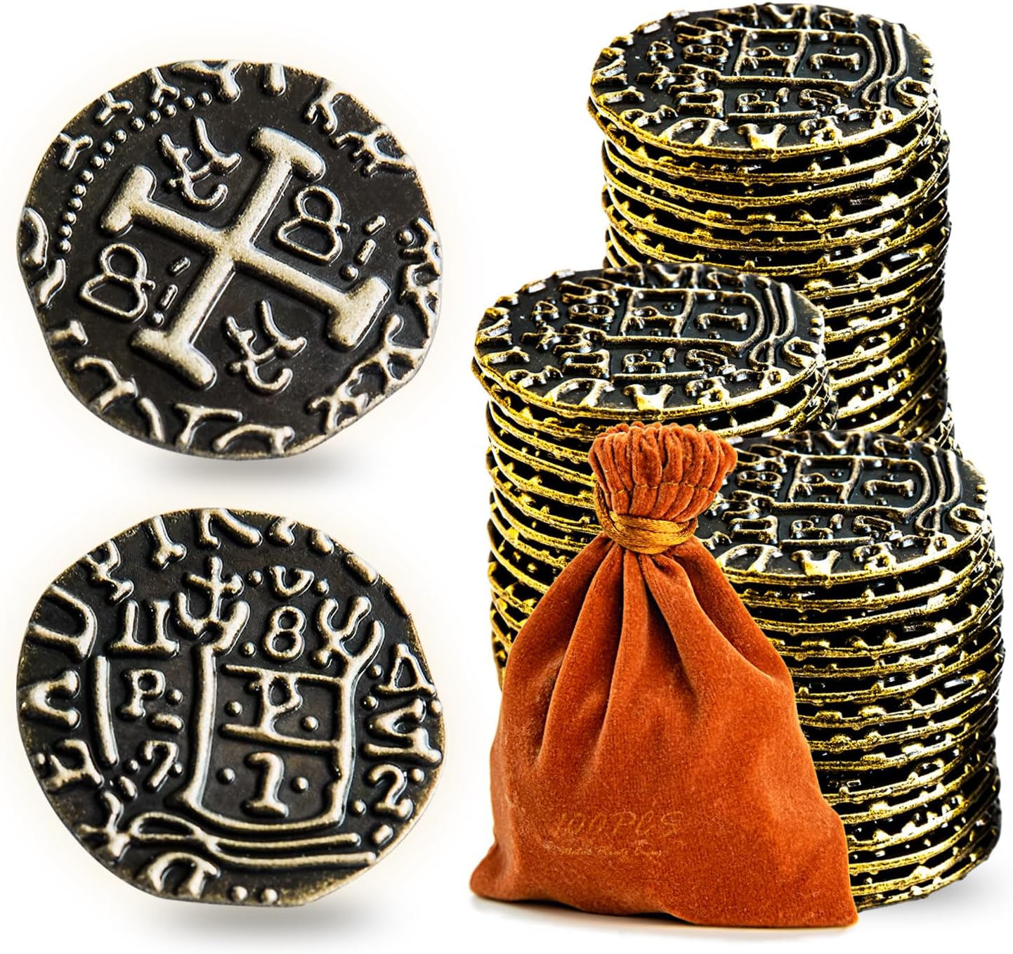 Metal Pirate Coins, Prefdo 100PCS X Large Gold Treasure Coin Set Spanish Doubloon Replicas Fantasy Metal Coins Pirate Gold Coins Tokens for Board Games Pirate Party Cosplay