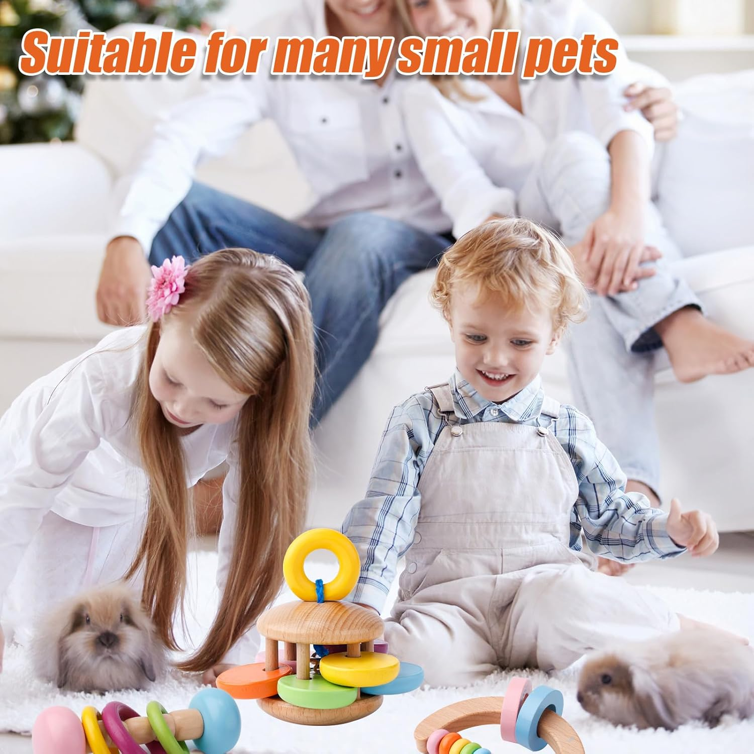 Gosknor 4 X Wooden Rabbit Toys, 4 Styles Wooden Chew Toys, Teething Rattle for Guinea Pigs Wooden Rattles for Small Animals image number 3