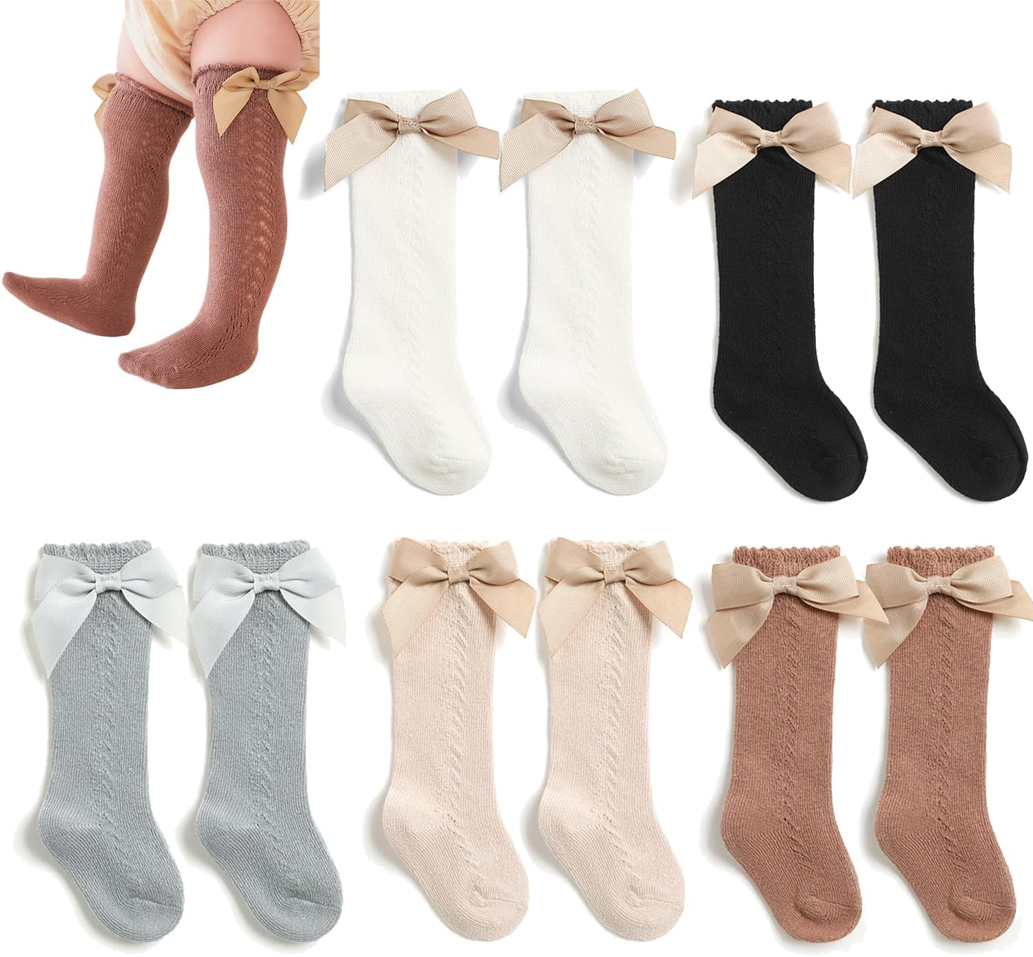 5 Pairs Baby Girls Knee High Socks, Infant Toddler Breathable Knit Bow Stockings Ruffle Knee High Socks Newborn Girls Long Stocking Socks Tube Ruffled Dress Socks Soft Cotton Princess Frilly Socks image number 1