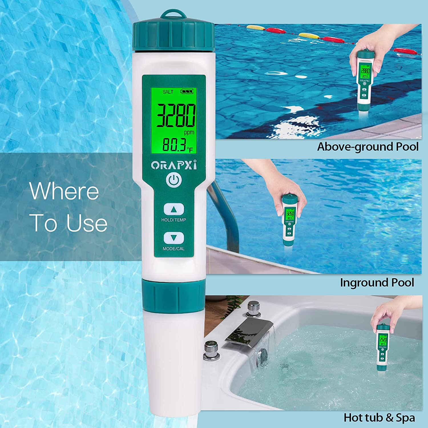 Pool Salt Tester ORAPXI Ph and Salt Meter for Saltwater Pool Ph and Salinity Digital Tester 5 in 1 Salt Meter for Swimming Pools Hot Tubs and Swim Spas image number 5
