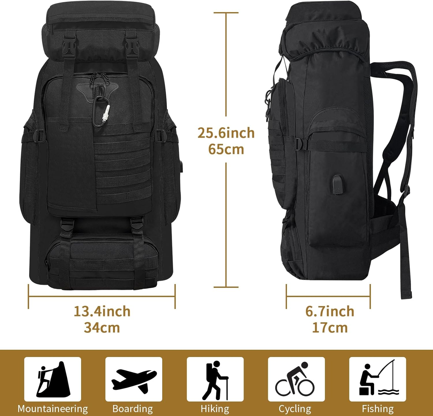 Dafape Men Women Hiking Backpack, 80 L Travel Daypack for Camping Outdoor Workout Cycling Sport Gym Large (Black) image number 6