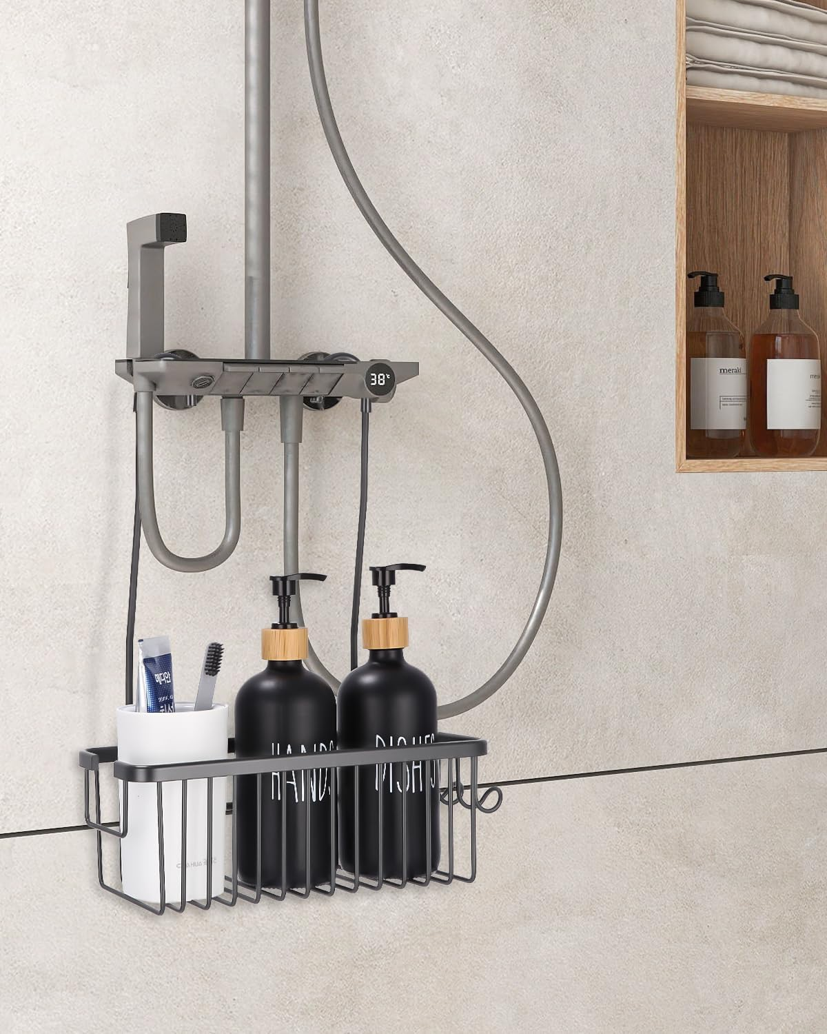 Hanging Shower Caddy for Bathroom Organizer, over the Shower Mixer Taps Hanging Shower Shelf without Drilling, Bathroom Caddy & Basket with 2 Hooks, Toiletries Organizer for Bathroom Storage - Black image number 5