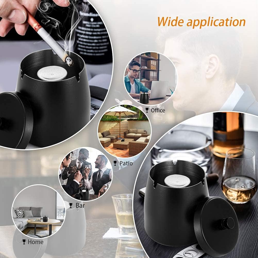 Large Outdoor Ashtray with Lid, Black Stainless Steel, High Capacity Smokeless Design, Windproof Covered, Odor Proof for Patio Home Office Tabletop image number 3