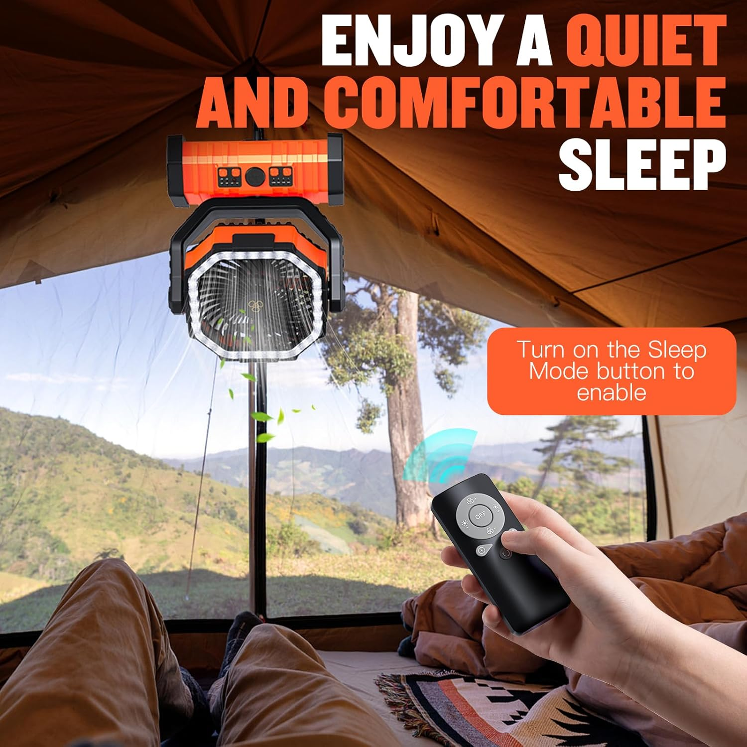 Portable Camping Fan, Spopal 20000Mah Rechargeable Tent Fan with LED Lantern, 4 Speeds and 360&deg; Hook, Remote, Timer, 145H Runtime, Power Bank Function, for Camping, Fishing, Indoor Use-Orange image number 2