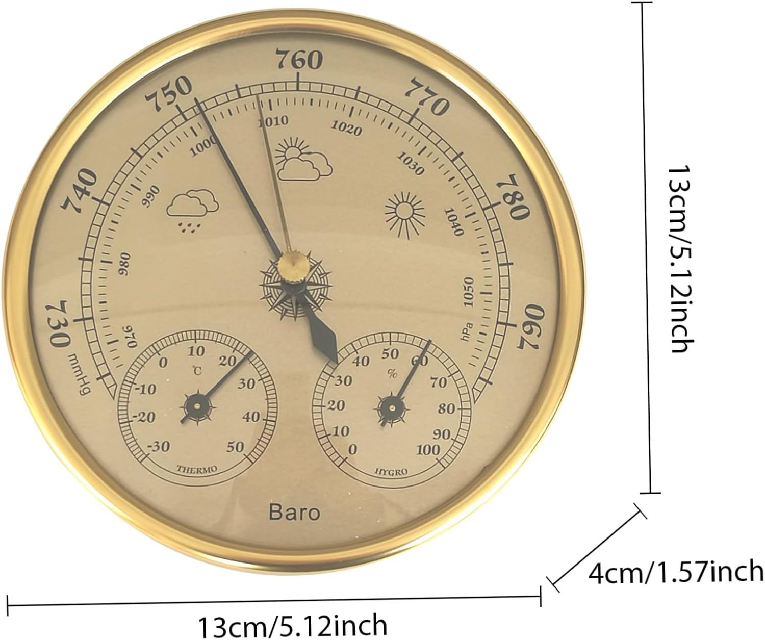 3 in 1 Barometer Indoor Metal Barometer Thermometer Hygrometer Golden Weather Barometer with Temperature Humidity Weather Station 5 Inch in Dia for Indoor Outdoor Weather Barometer- image number 6
