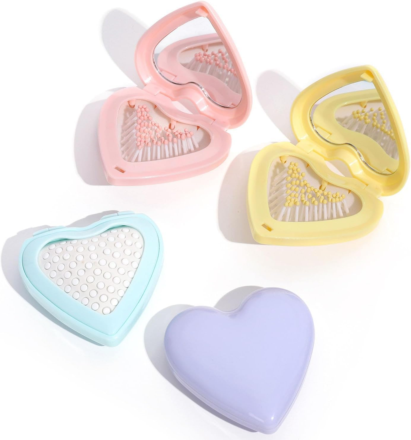 Linyongc Heart-Shaped Foldable Hair Brush with Mirror, 4-Piece Set, Gently Detangles Hair, Plastic & Nylon Bristles image number 1