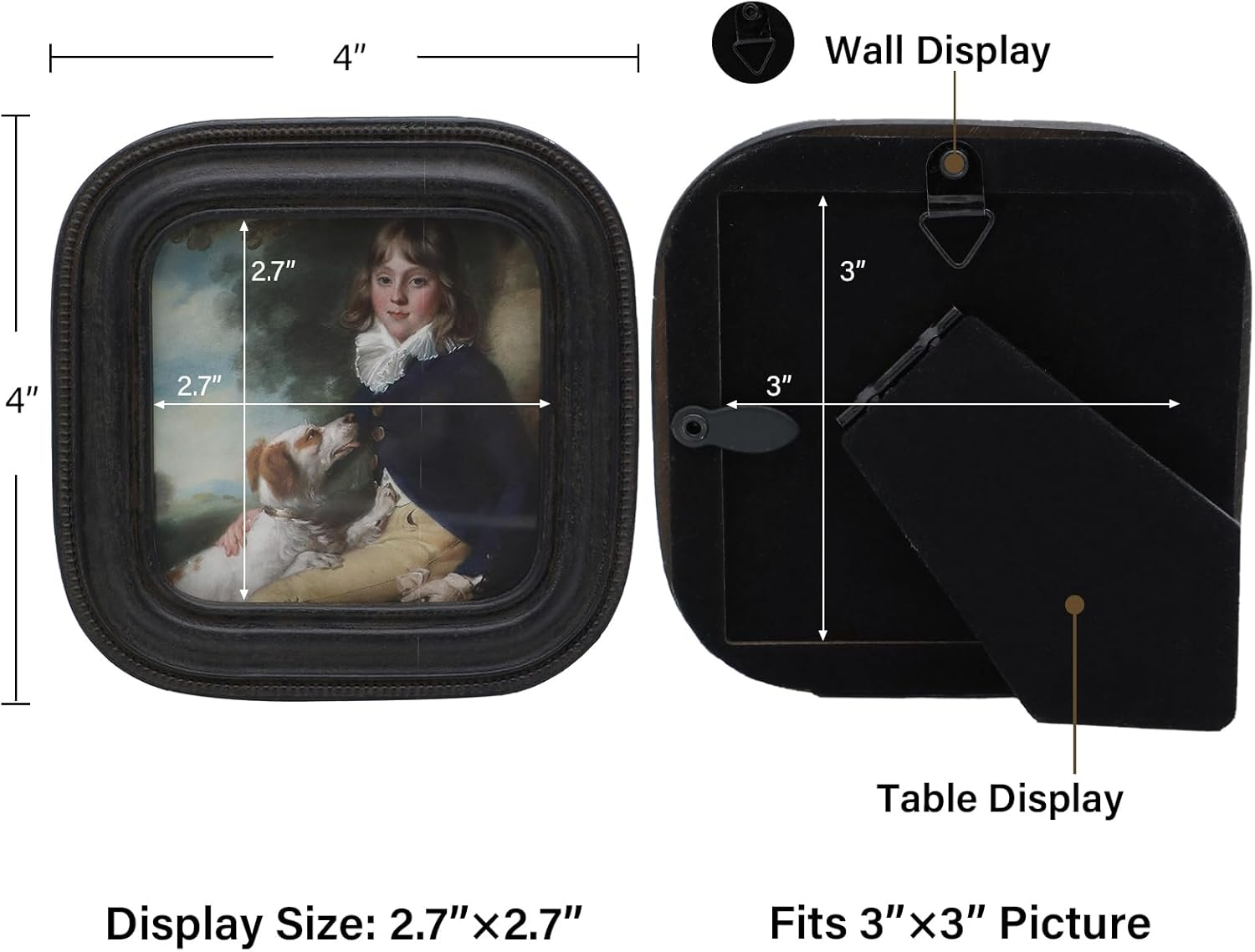 SYLVIA'S SHOP 3X3 Small Vintage Picture Frame, Mini Antique Black Grey Ornate Square Photo Frame, for Tabletop and Wall Display, Retro Home Decor, Old Fashioned Photo Gallery Art image number 3