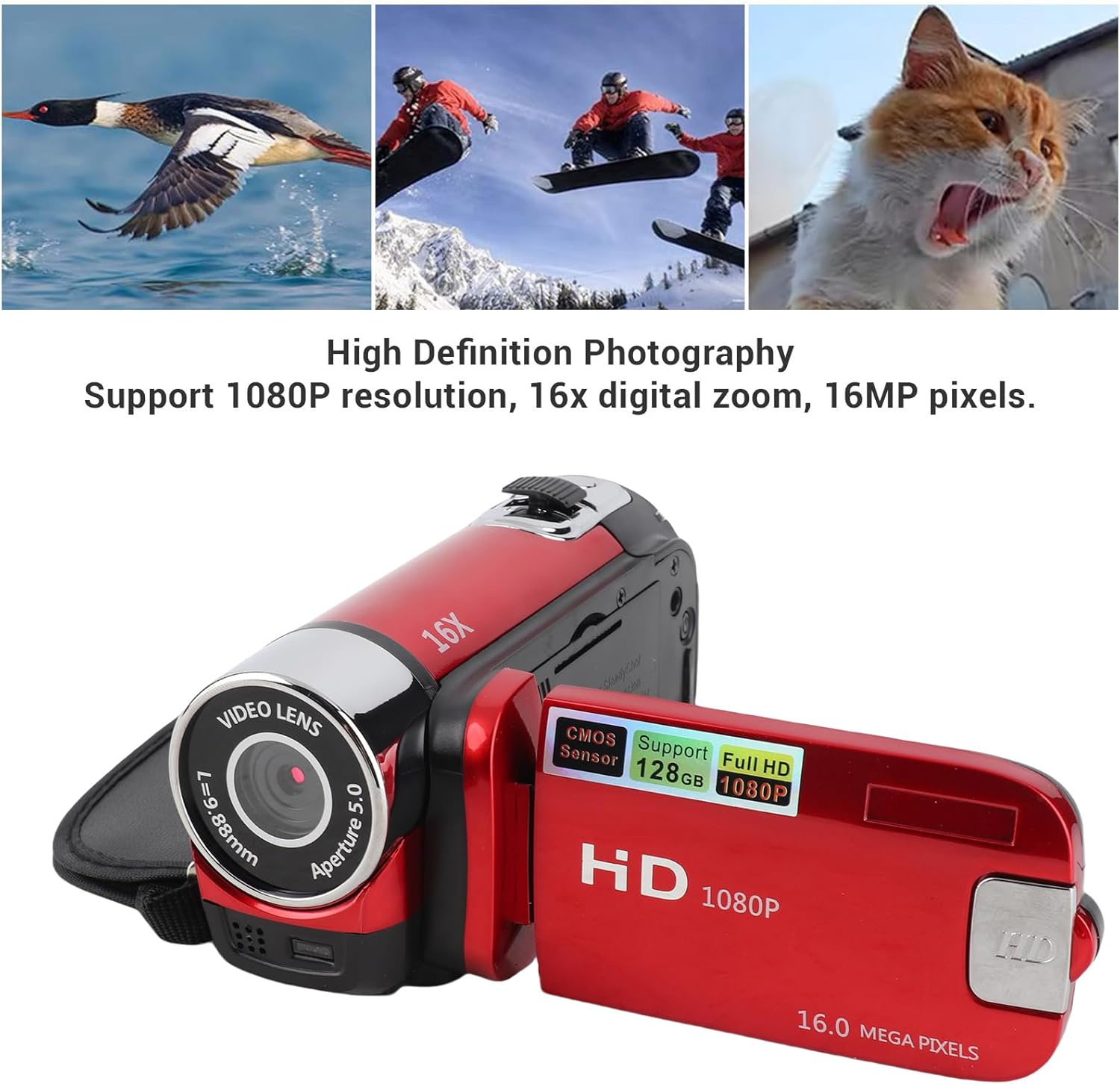 Video Camera Camcorder, 16MP 1080P Digital Camera with 2.4 Inch Flip Screen, 16X Digital Zoom anti Shake Vlogging Camera Recorder, Fill Light, Loop Recording Camera (Red) - Red image number 2