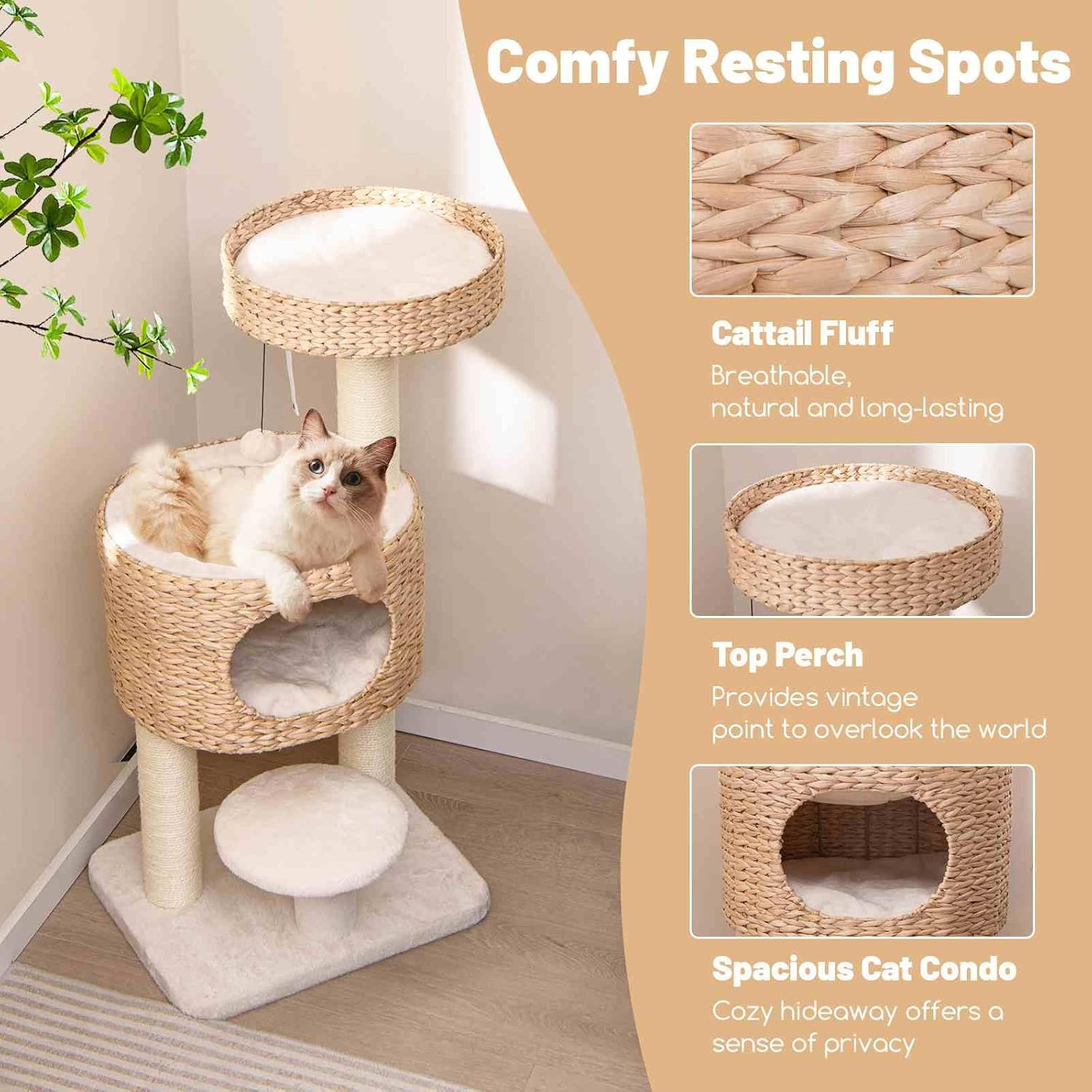 Costway Cat Tree for Indoor Cats, Modern Cat Tower W/Top Perch, Cattail Fluff Condo, Sisal Scratching Posts, Hanging Toy, Bed, Removable Cushion, Anti-Tipping Device, Kitty Activity Center, Natural image number 4
