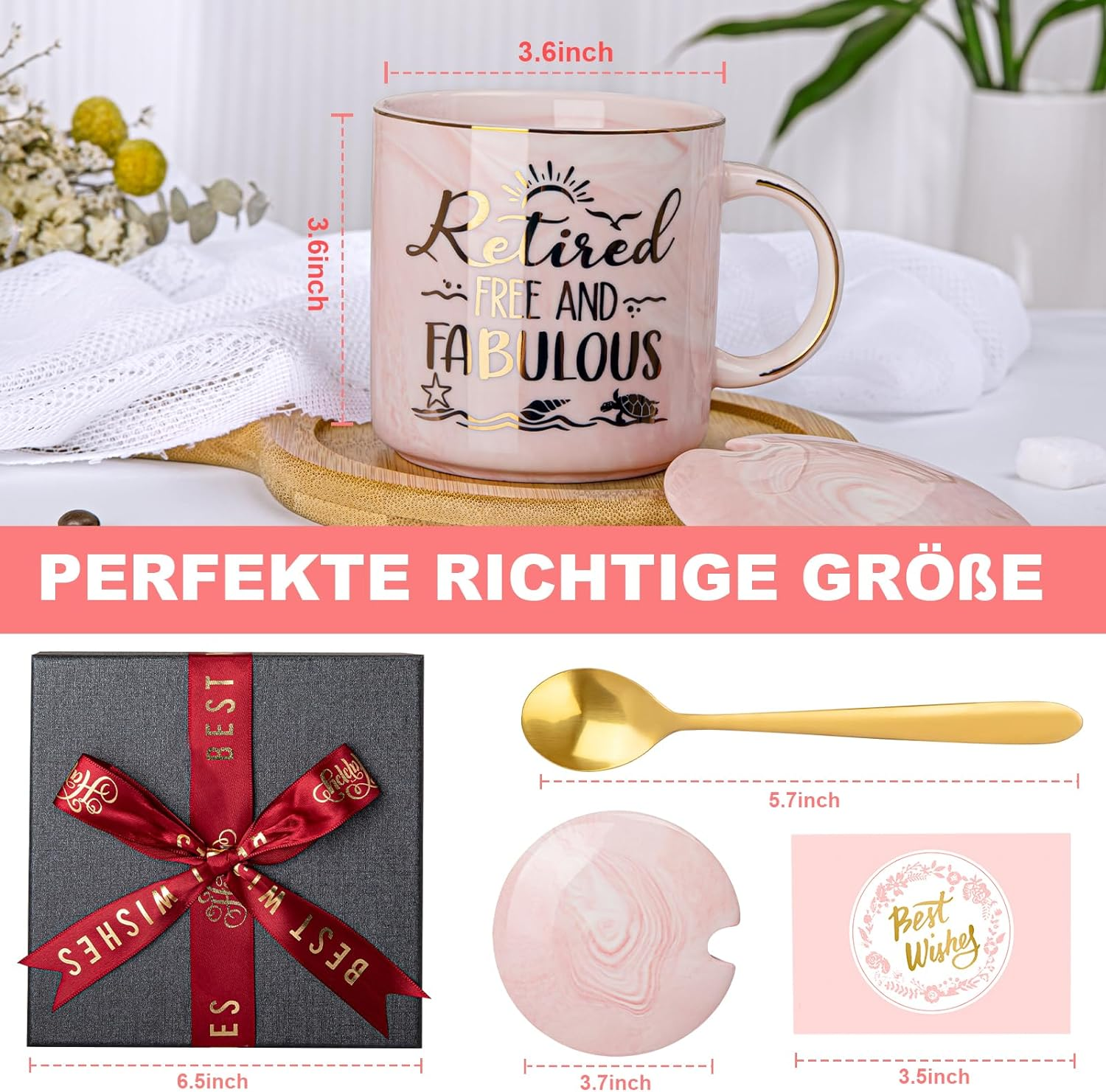 Retirement Gifts for Women 2024 - Retirement Gifts for Women, Coworker Leaving Gifts, Farewell Gifts, Going Away, Goodbye Gifts, Retired Free and Fabulous -14Oz Pink Marble Coffee Mug, Gift Box