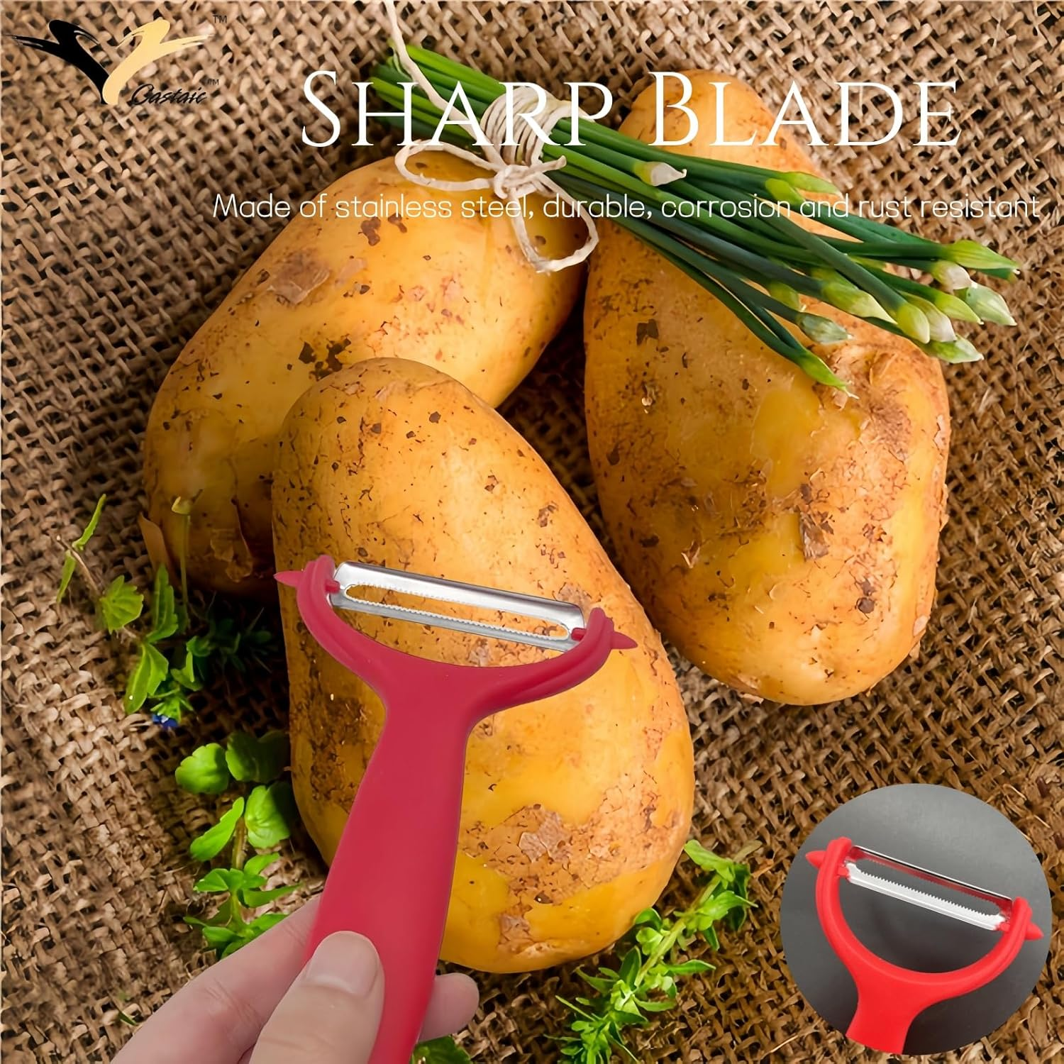 Castaic Stainless Steel Julienne Peeler for Peeling Vegetables and Fruits, Kitchen Accessories，Multifunction (Red-Serrated)