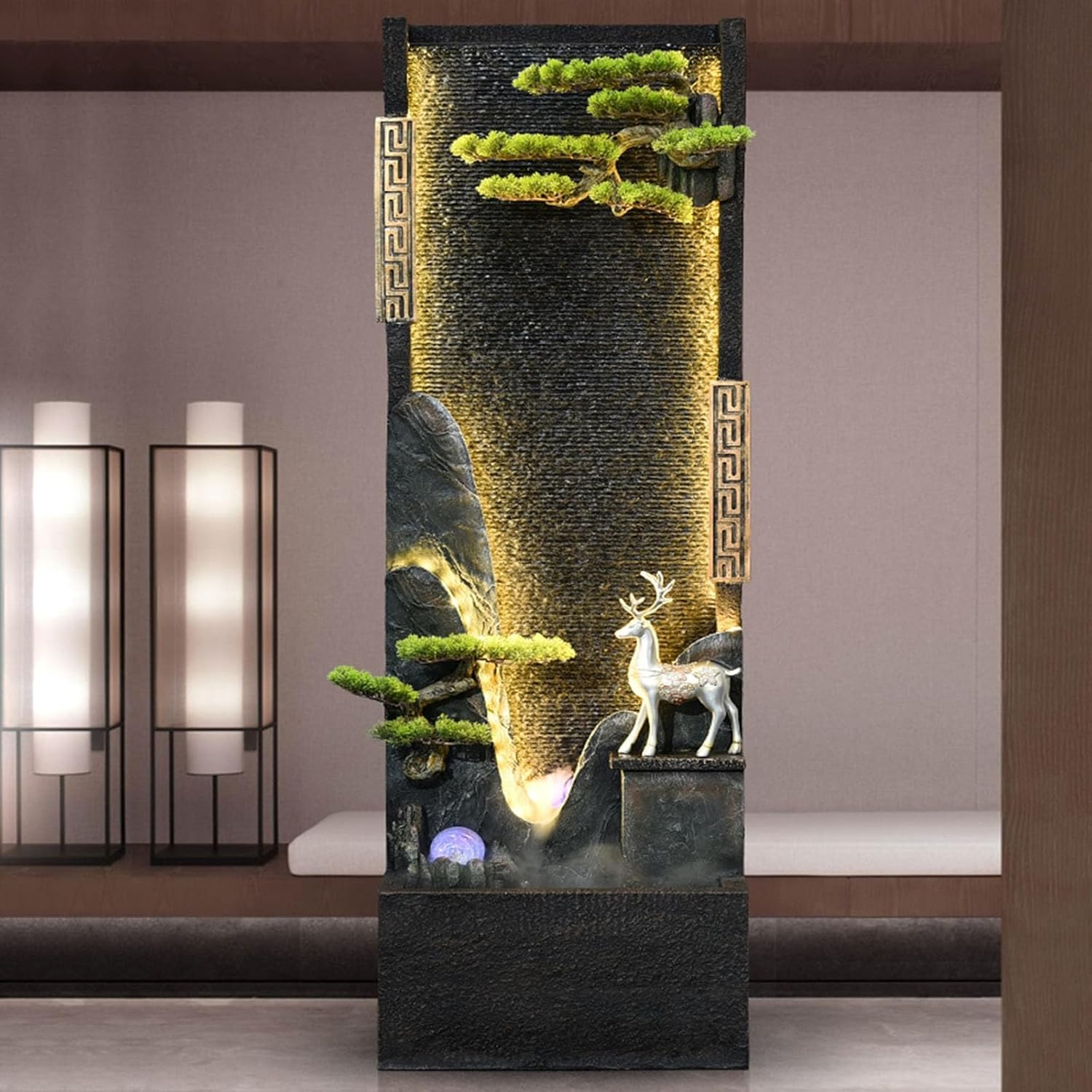 Outdoor Fountain Chinese-Style Circulating Water Curtain Wall Fountain with Artificial Mountain and Flowing, Floor-Standing Decorative Ornament, Suitable for Living Room or Office image number 6