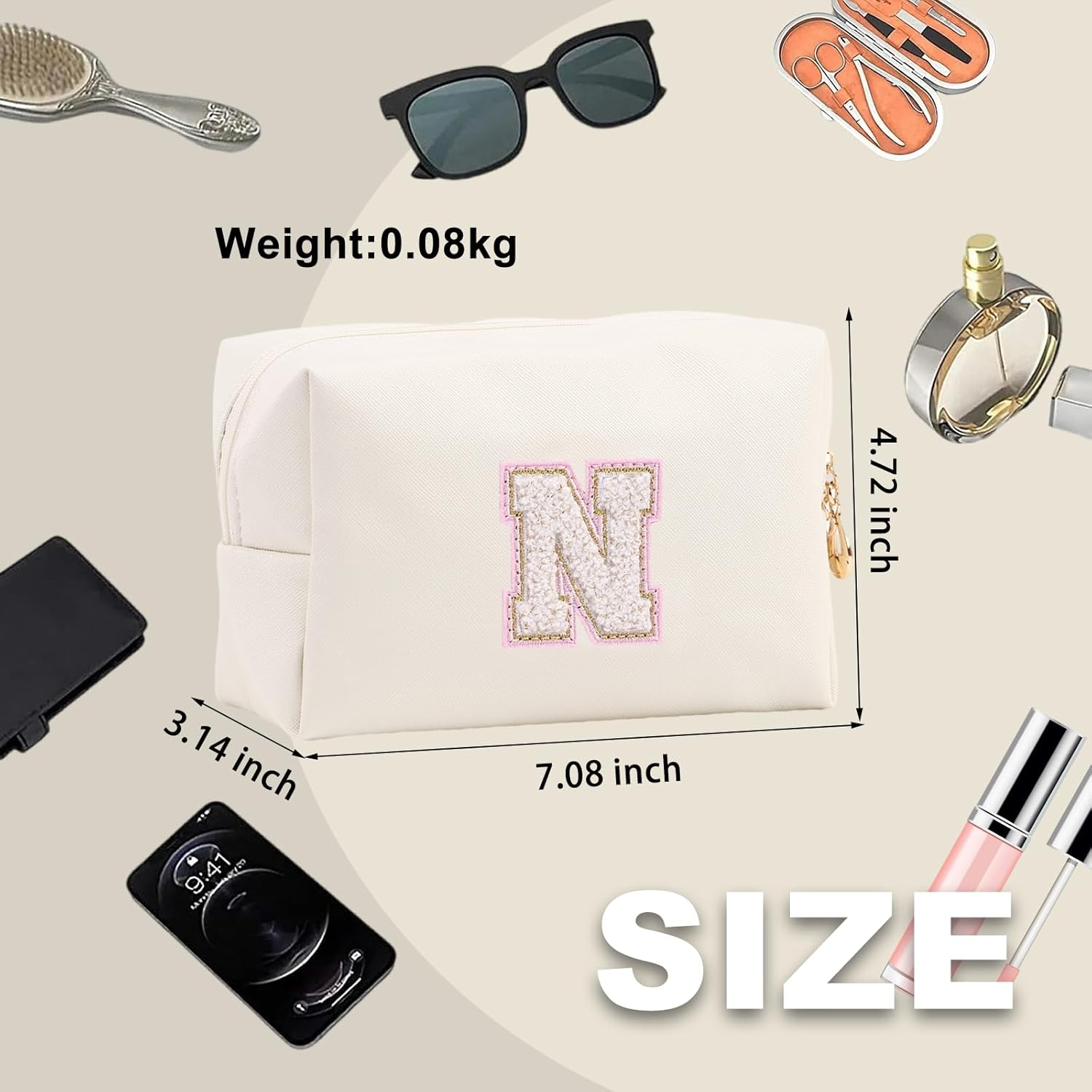 Personalized Initial Makeup Bag Cute Makeup Bag Chenille Letter Waterproof Zipper Cosmetic Bags for Women, Preppy Makeup Pouch Travel Toiletry Bag Organizer Birthday Gift for Girls, Beige-Pink, N image number 5