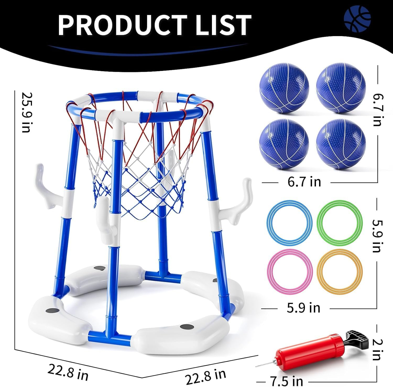 Basketball Hoop Toys for Kids Ages 4-8 8-12 & Adult, Summer Outdoor Swimming Pool Games Water Play Toys Family Party for Kids, 2 In1 Pool Basketball Hoop & Ring Game with 4 Balls 12 Rings & Pump image number 3