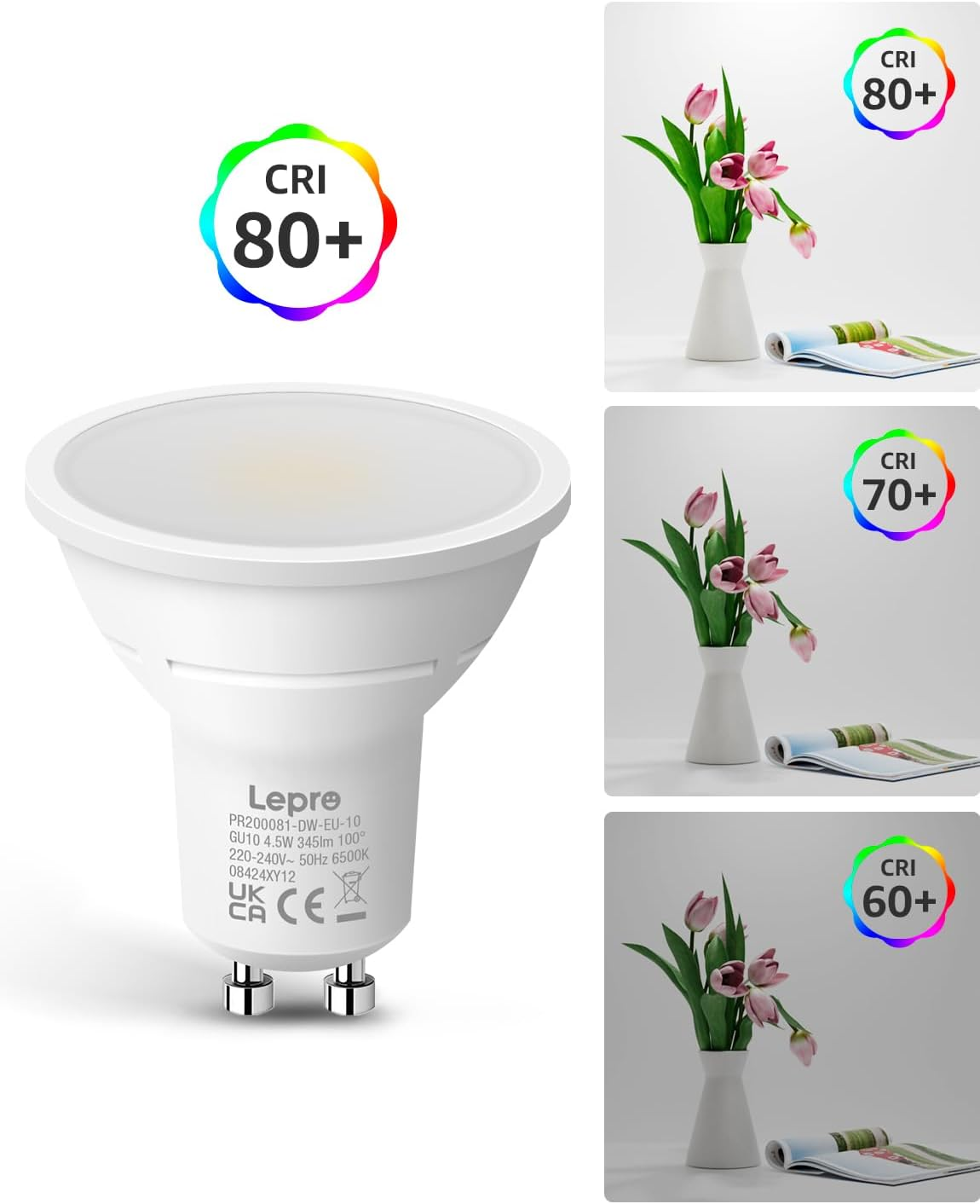 Lepro GU10 LED Bulbs, Cool White 6500K, 4.5W 345Lm Daylight Led Bulbs, No Flickering, 50W Halogen Bulb Equivalent, Non-Dimmable Energy Saving Light Bulbs, 100&deg; Wide Beam, 10 Packs image number 2