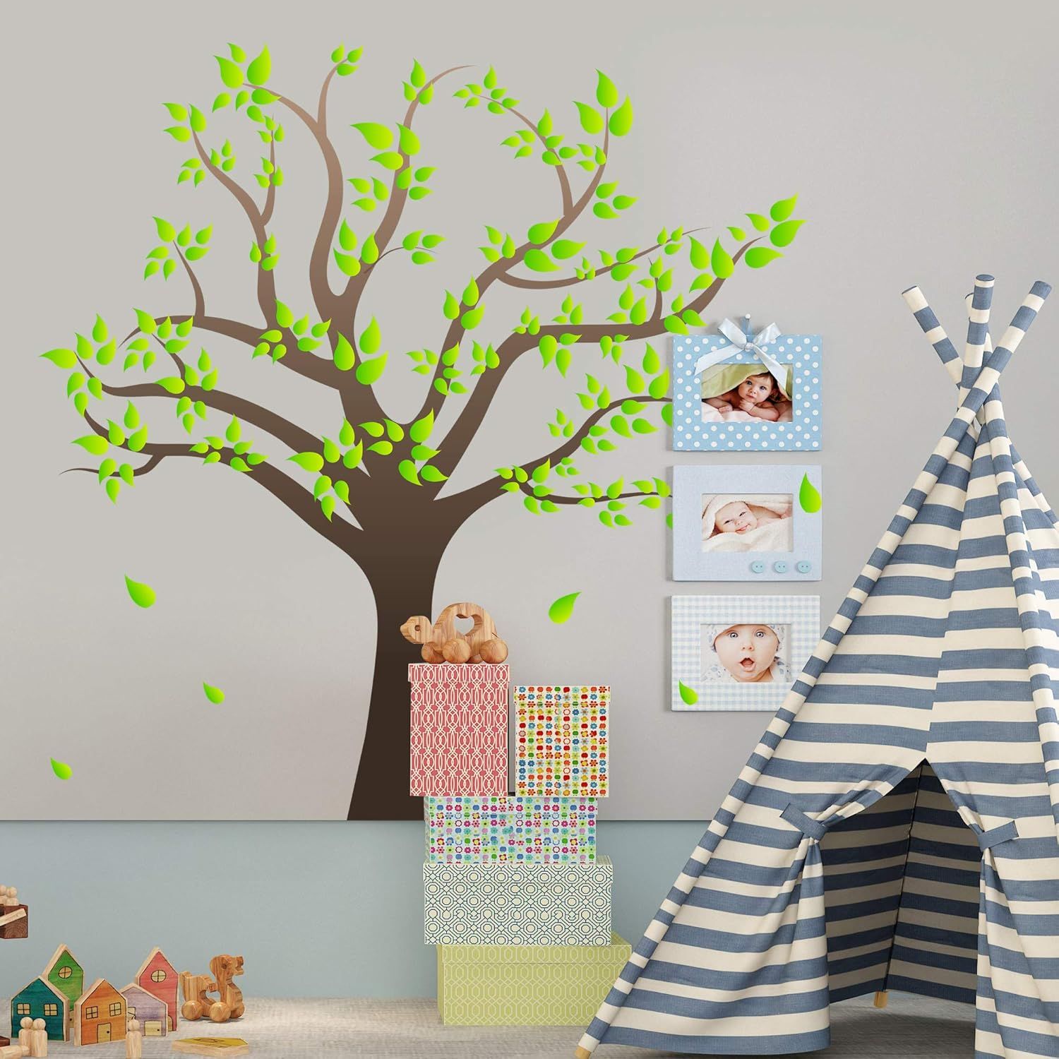 RW-1080 3D Green Tree Wall Stickers Family Photo Tree Wall Decal Removable Peel and Stick DIY Art Wallpaper for Kids Girls Babys Bedroom Bathroom Living Room Nursery Offices image number 4