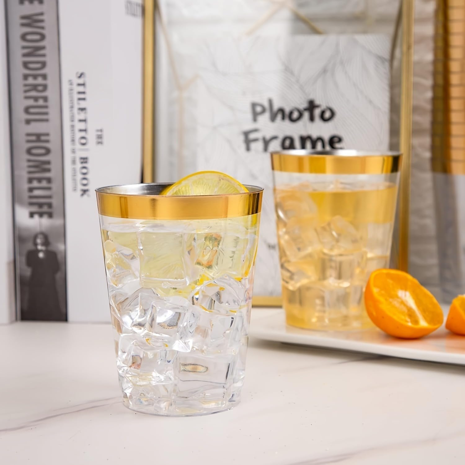 Pack of 50 10 OZ 300 Ml Reusable Plastic Cups with Gold/Silver/Rose Gold Rim Gold Glitter-Elegant Plastic Glasses for Champagne,Beer,Cocktails and Desserts-Stylish Plastic Wine Glasses (Glod) image number 2