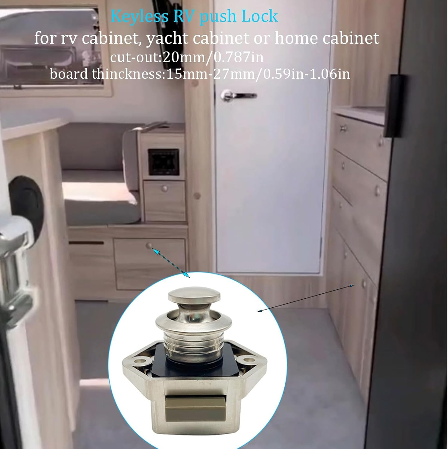 6 Pack Motorhome Push Locks,Cabinet Door Lock Catch with Push Button, Keyless Motorhome Lock Latch for Rvs, Motorhome, Yachts, Boats, Cut Out 20Mm RV Camping Cabin Push Lock (Pearl Nickel)