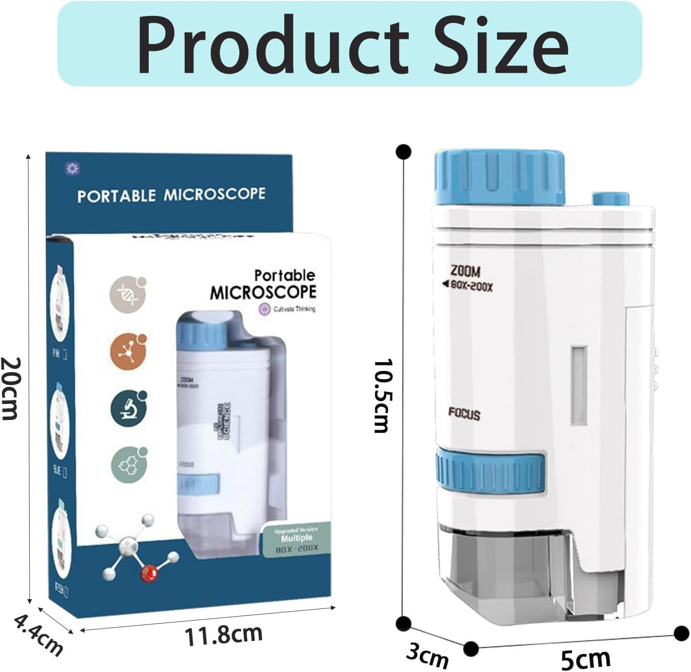 Tehttz 1 Pack Blue 60-200X Zoom Pocket Microscope, Mini Microscope with LED Light High Definition Children Microscope for Kids, Microbiological Observation Preschool Home (Not Battery Included) image number 1