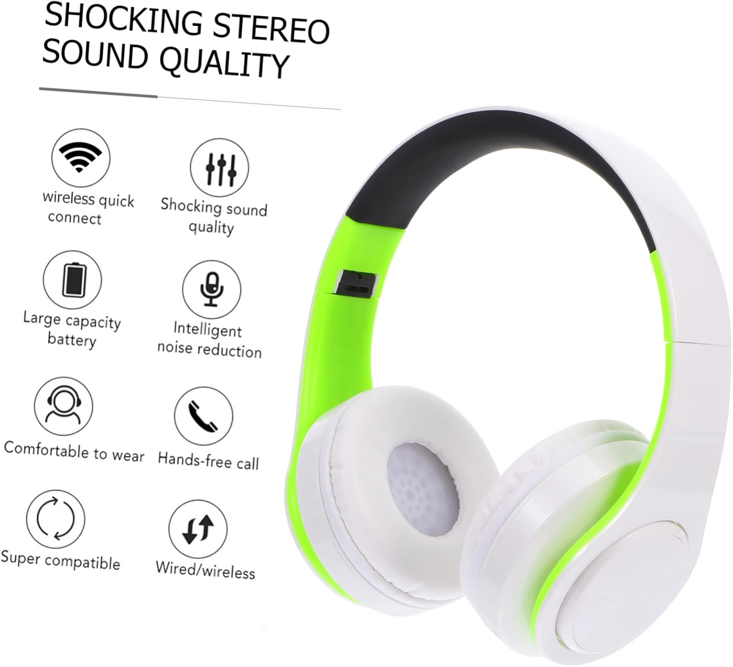 Holibanna Wireless Foldable Headset Over-Ear Stereo Headphone Adjustable Design Noise Reduction for Sports and Travel, Green and White image number 3