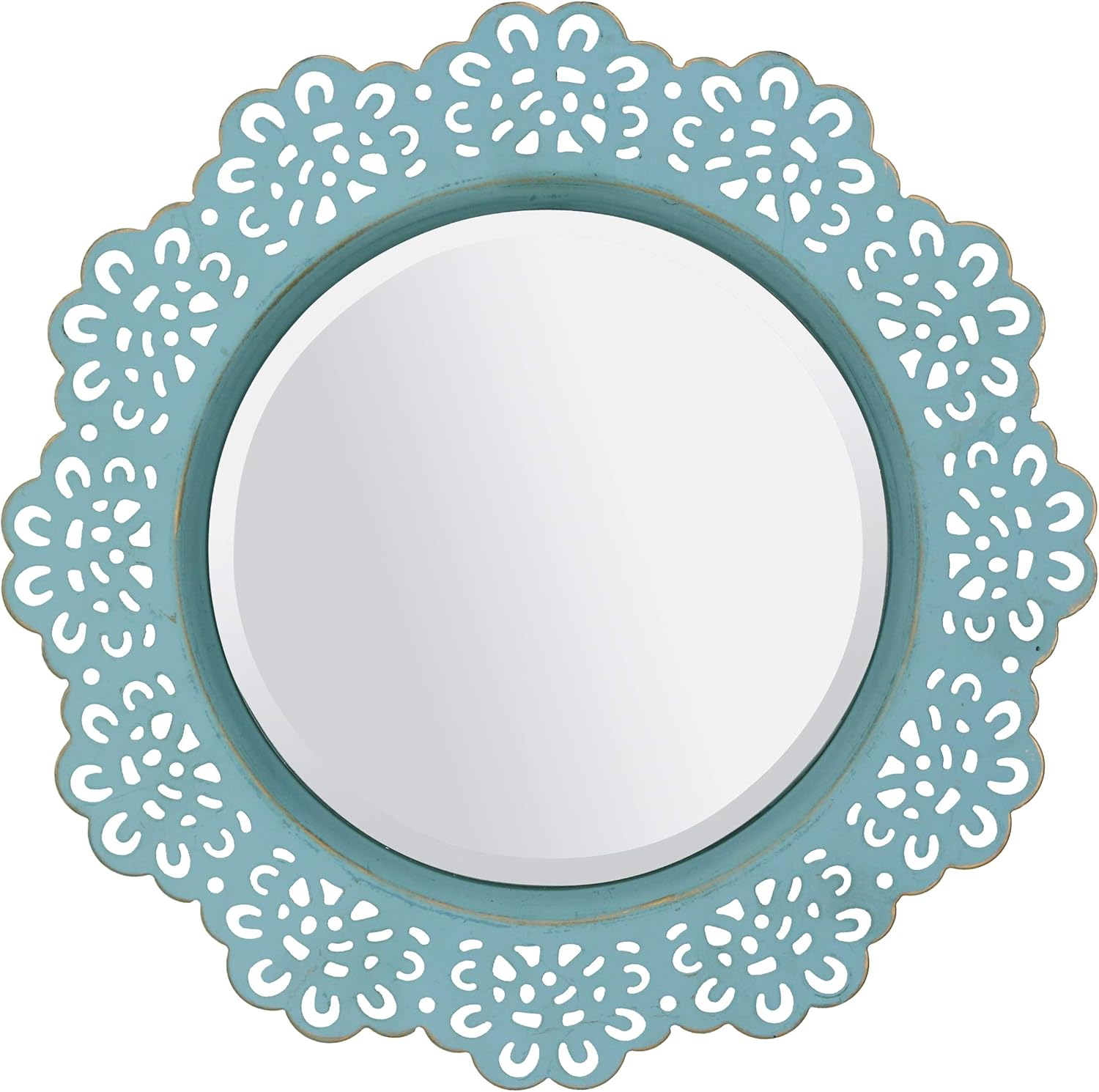 Stonebriar Decorative 12.5" round Turquoise Metal Lace Wall Mirror with Attached Hanger, Country Rustic Decor for the Living Room, Bedroom, Bathroom, Hallway, and Entryway