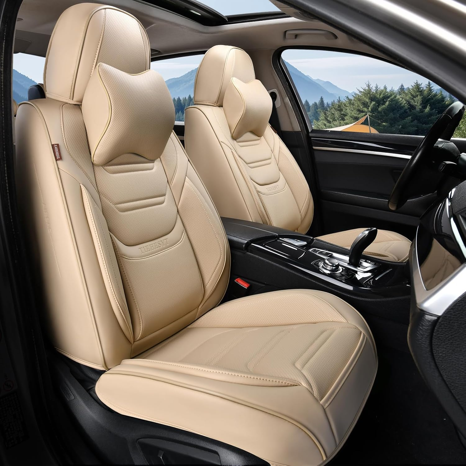 TIEHESYT Pink Car Seat Covers Front Pair, Breathable Leather Automotive Front Seat Covers & Headrest, Auto Seat Cover, Compatible with Most Cars Sedans SUV Pickup Trucks image number 3