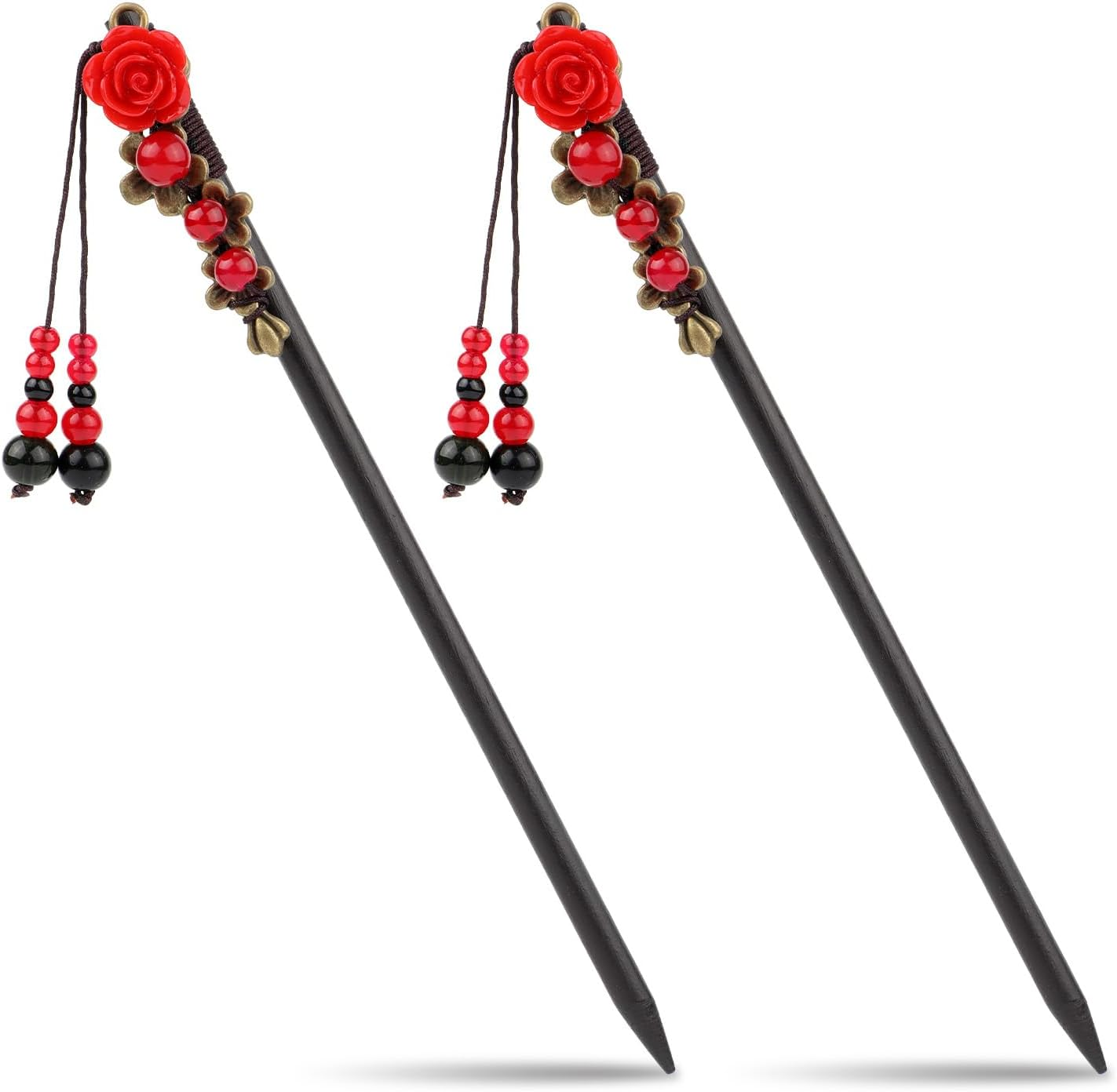 2Pcs Chinese Hair Sticks, Retro Vintage Chinese Hair Pins Rose Flower Hair Chopsticks Asian Japanese Handmade Wooden Hairpin Traditional Hanfu Pin Classic Hair Holder Accessories for Women Long Hair image number 1