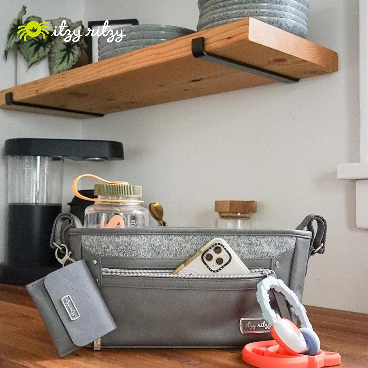 Itzy Ritzy Adjustable Stroller Caddy, Stroller Organizer Featuring Two Built-In Pockets, Front Zippered Pocket and Adjustable Straps to Fit Nearly Any Stroller, Grayson image number 2