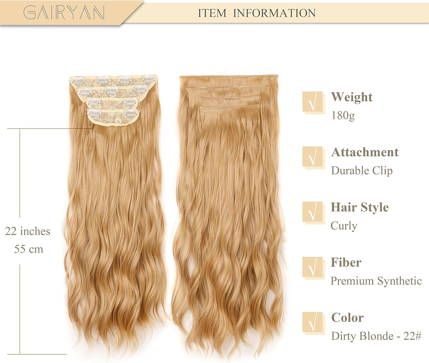 Gairyan Clip in Hair Extensions 4PCS Curly Wavy Long Hair Pieces Full Head Synthetic Hair Extension Thick Natural Look for Women, 22 Inches 180G, Dirty Blonde image number 5