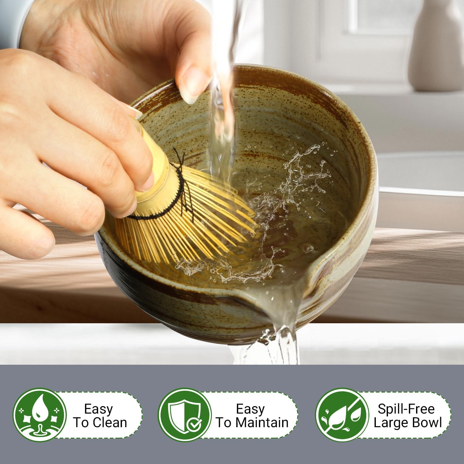 Matcha Whisk Set 7 Pcs- Japanese Traditional Tea Ceremony, Match Bowl with Spout, Whisk, Bamboo Scoop&times;2, Whisk Holder, Tea Cloth, Matcha Whisk Set Matcha Green Tea Making Kit (Classical Green) image number 2