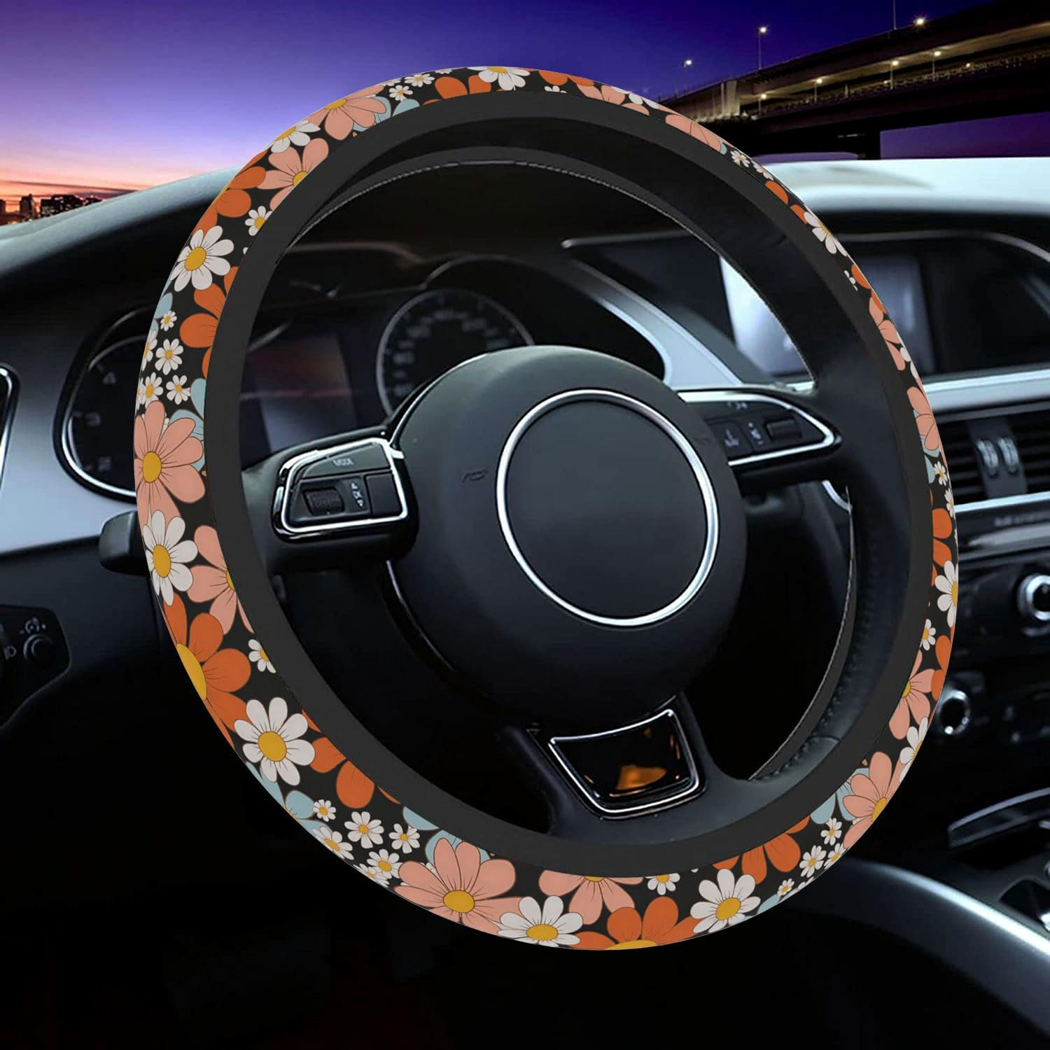 Wildflower Steering Wheel Cover for Women Men, Anti-Slip Breathable and Sweat Absorption Universal 14.5-15 Inch Cute Steering Wheel Protector, Wildflower Floral Car Accessories