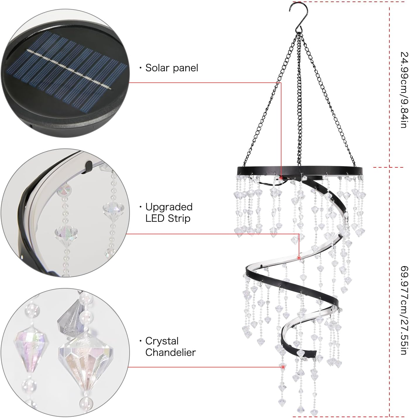 Solar Hanging Crystal Chandelier Outdoor Garden Decorative Lights Bright White 5Ft LED Strip Waterproof Hanging Lantern for Valentine Gifts Garden Gazebo, Party, Wedding Style 2 image number 4