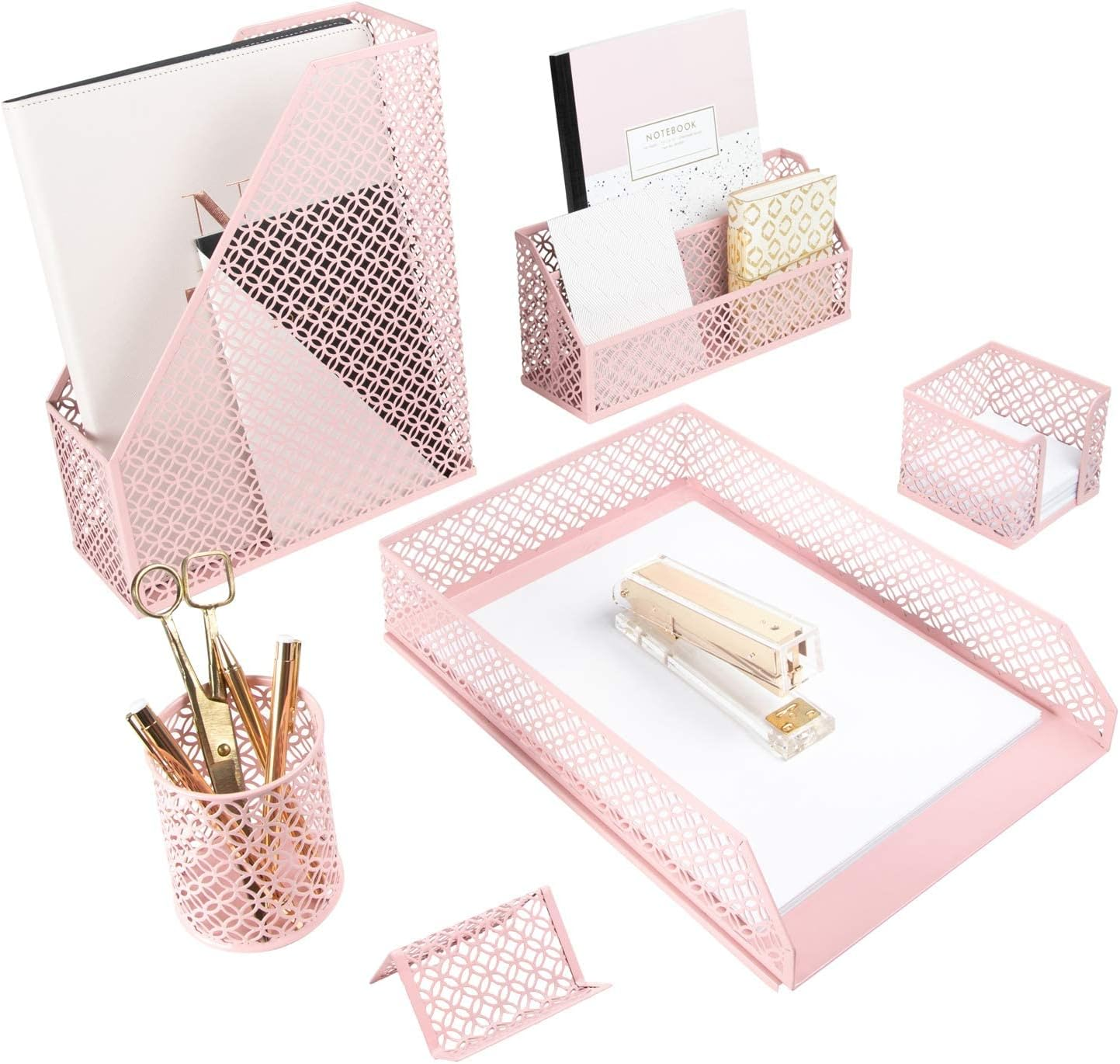 Blu Monaco 5 Piece Pink Office Supplies Desk Organizer Set - with Desktop Hanging File Organizer, Magazine Holder, Pen Cup, Sticky Note Holder, Letter Sorter - Pink Desk Accessories for Women Office
