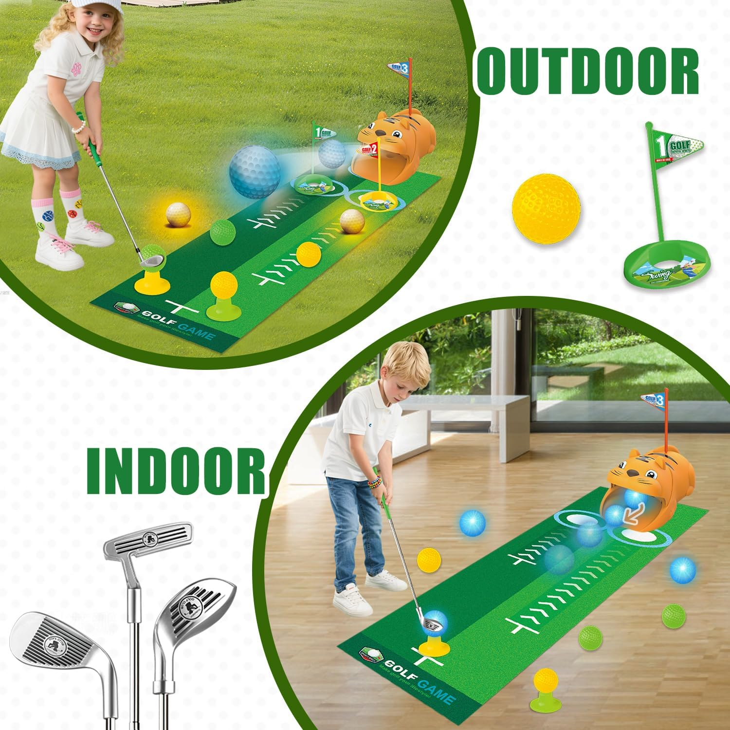 Fistone Kids Toy Golf Set, with Automatic Golf Returner, Golf Balls, Clubs, Putting Mat, Indoor Outdoor Sports Toy Birthday Gift image number 1