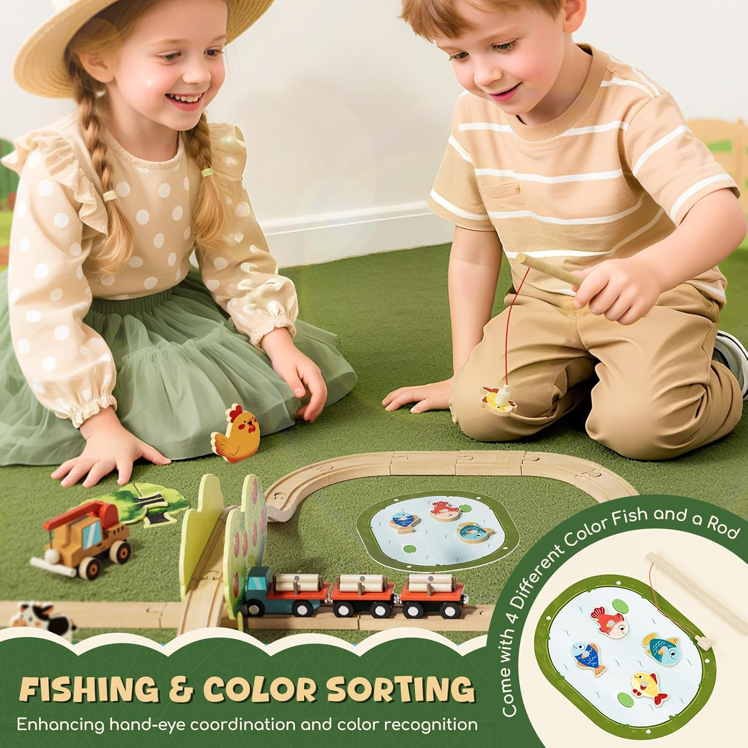 Lehoo Castle Wooden Toys, Wooden Train Set, Toy Trains & Train Sets, Kids Toys for 3 4 5 Year Old Boys with Fishing Game, STEM Toy for Boys Girls image number 4