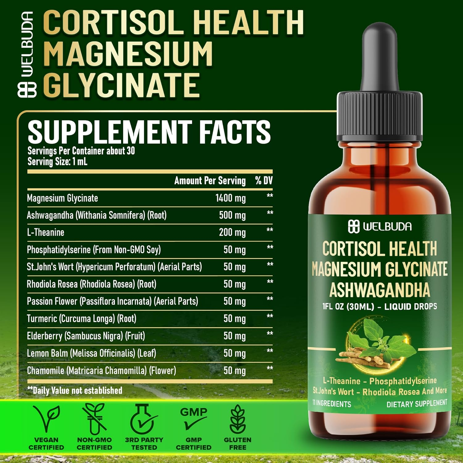11In1 Cortisol Liquid Supplement with Ashwagandha, Magnesium Glycinate Chelate, L-Theanine, Phosphatidylserine, St.John'S Wortl-Theanine and More - Mood Balance - 1 FL Oz - 30 Day image number 1