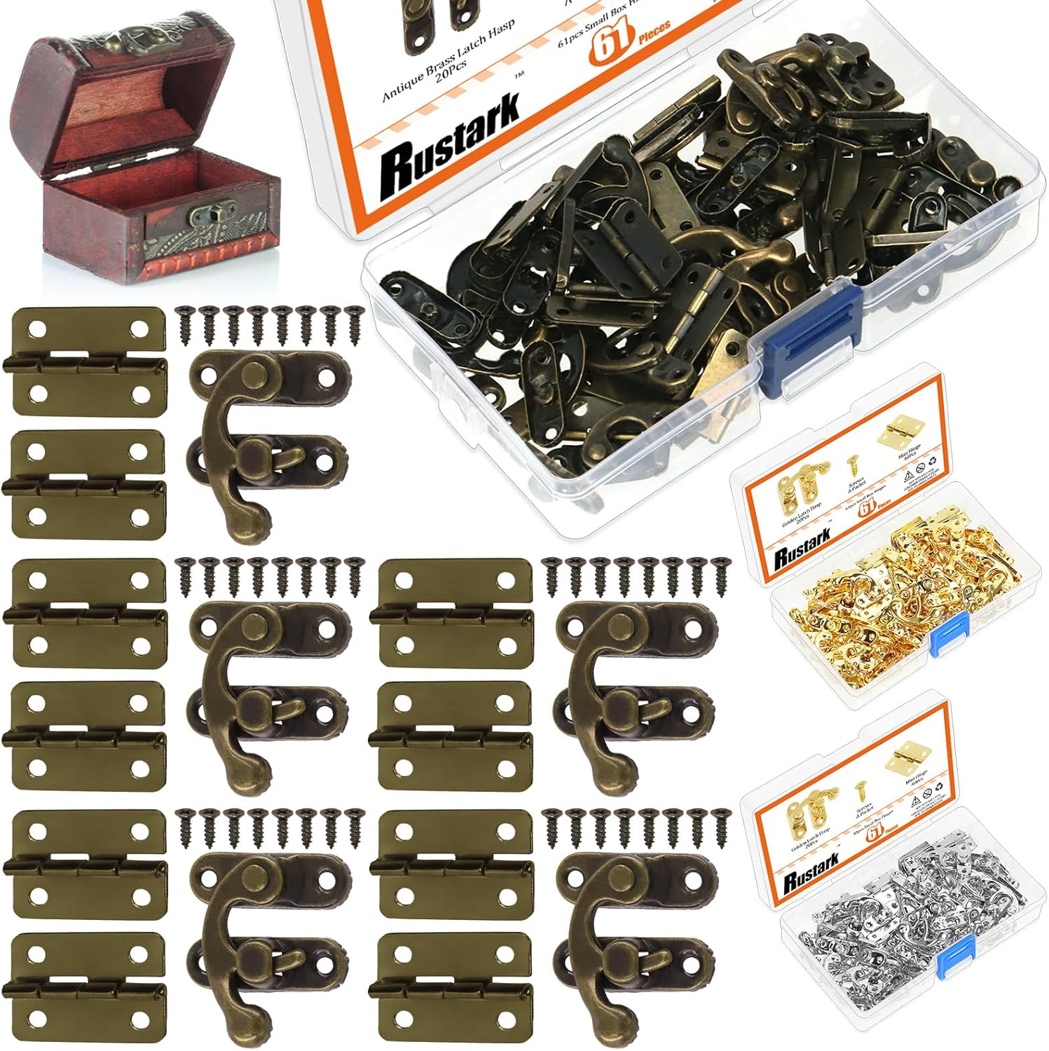 20 Sets Silver Antique Small Box Hinges Right Latch Hook Hasp Horn Lock Jewelry Box Hardware Antique Brass Latch Hook Clasp Mini Hinges for DIY Crafts Jewelry Wooden Box