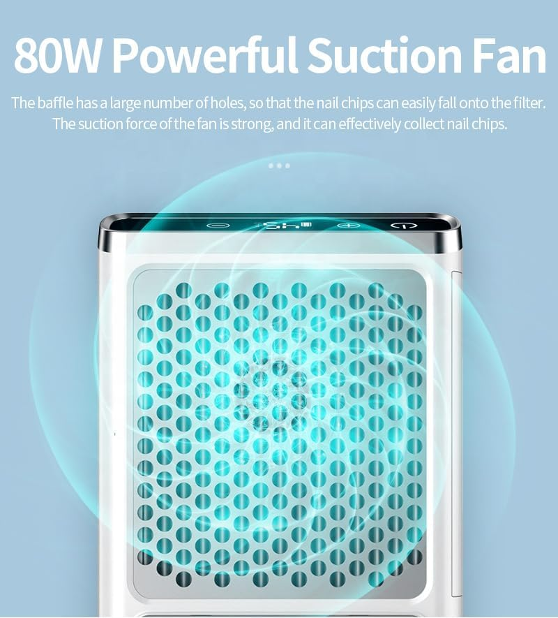 Nail Dust Collector, 80W Rechargeable Nail Extractor, Vacuum Portable Acrylic Nail Dust Cleaner, Fan Speed 4500 RPM, Perfect for Home Salon Use, Low Noise image number 2