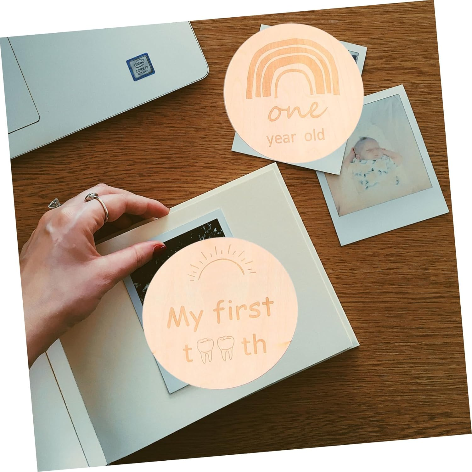 13Pcs Wood Baby Monthly Growth Recording Cards Double-Sided Rainbow Engraved Newborn Photography Props for Infant Milestone Tracking and Baby Shower image number 2